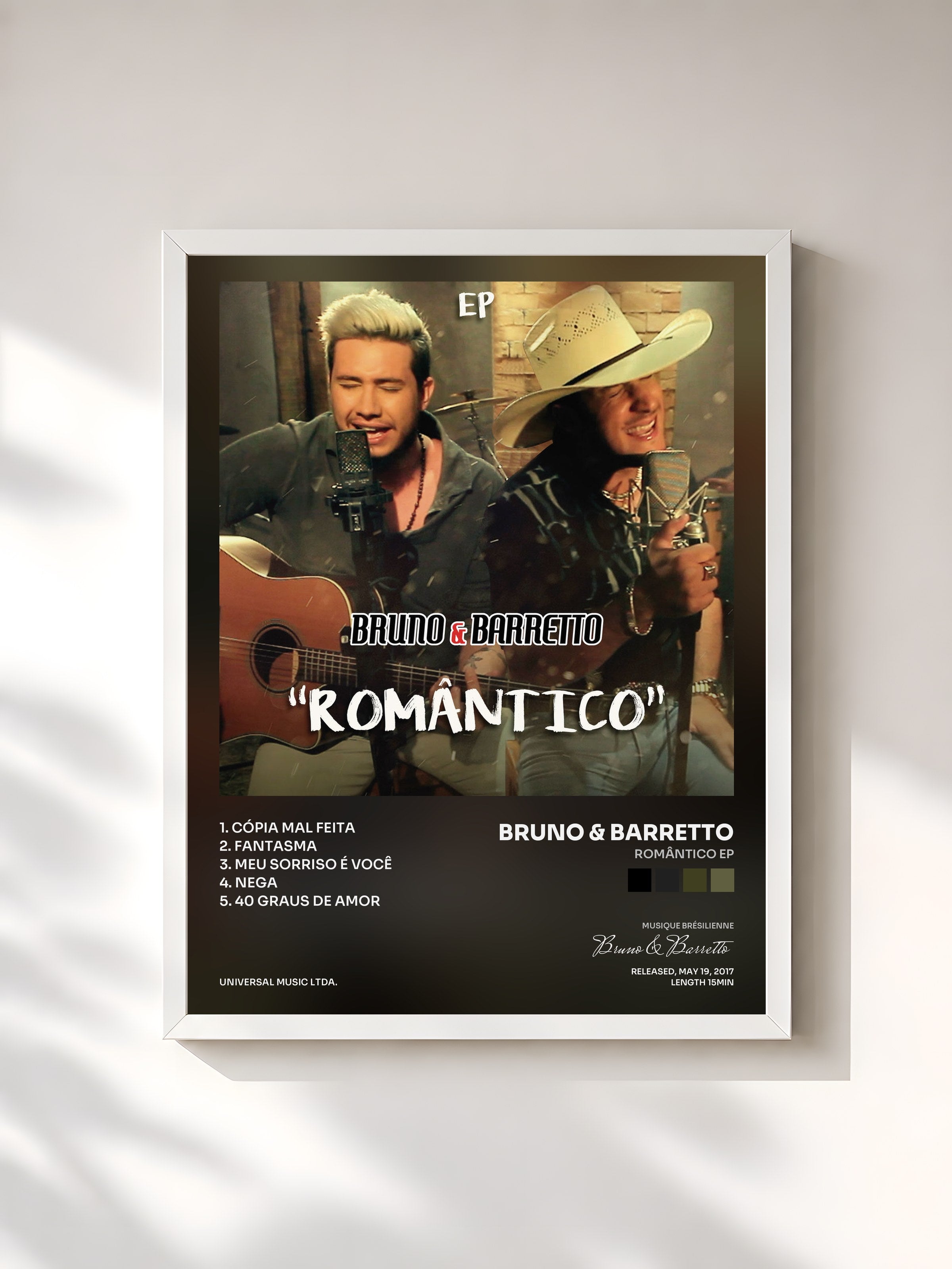 #blanc Tableau de l'album Romântico EP de Bruno & Barretto, cadre blanc, imprimé et encadré en France