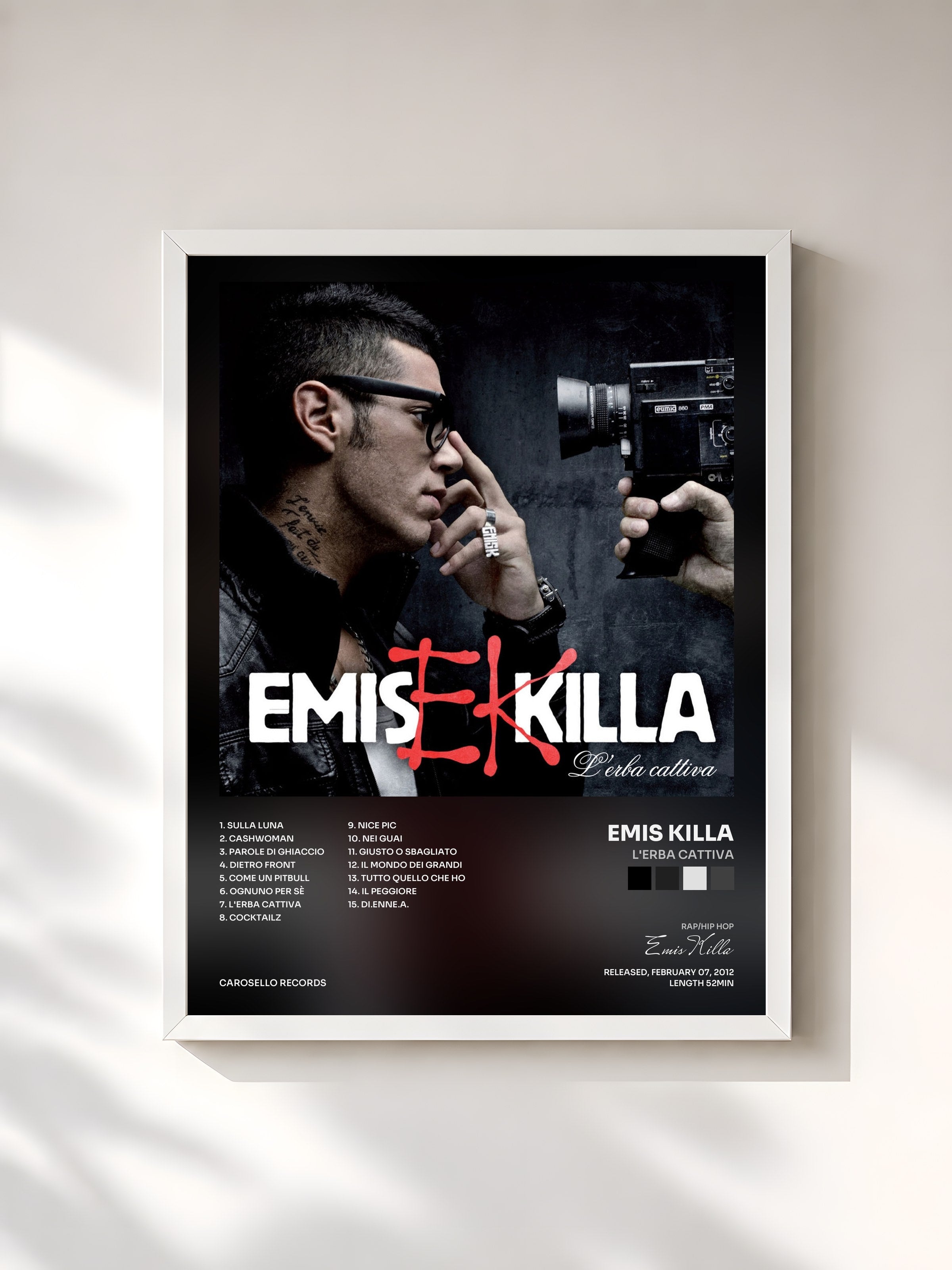 #blanc Tableau de l'album L'erba cattiva de Emis Killa, cadre blanc, imprimé et encadré en France