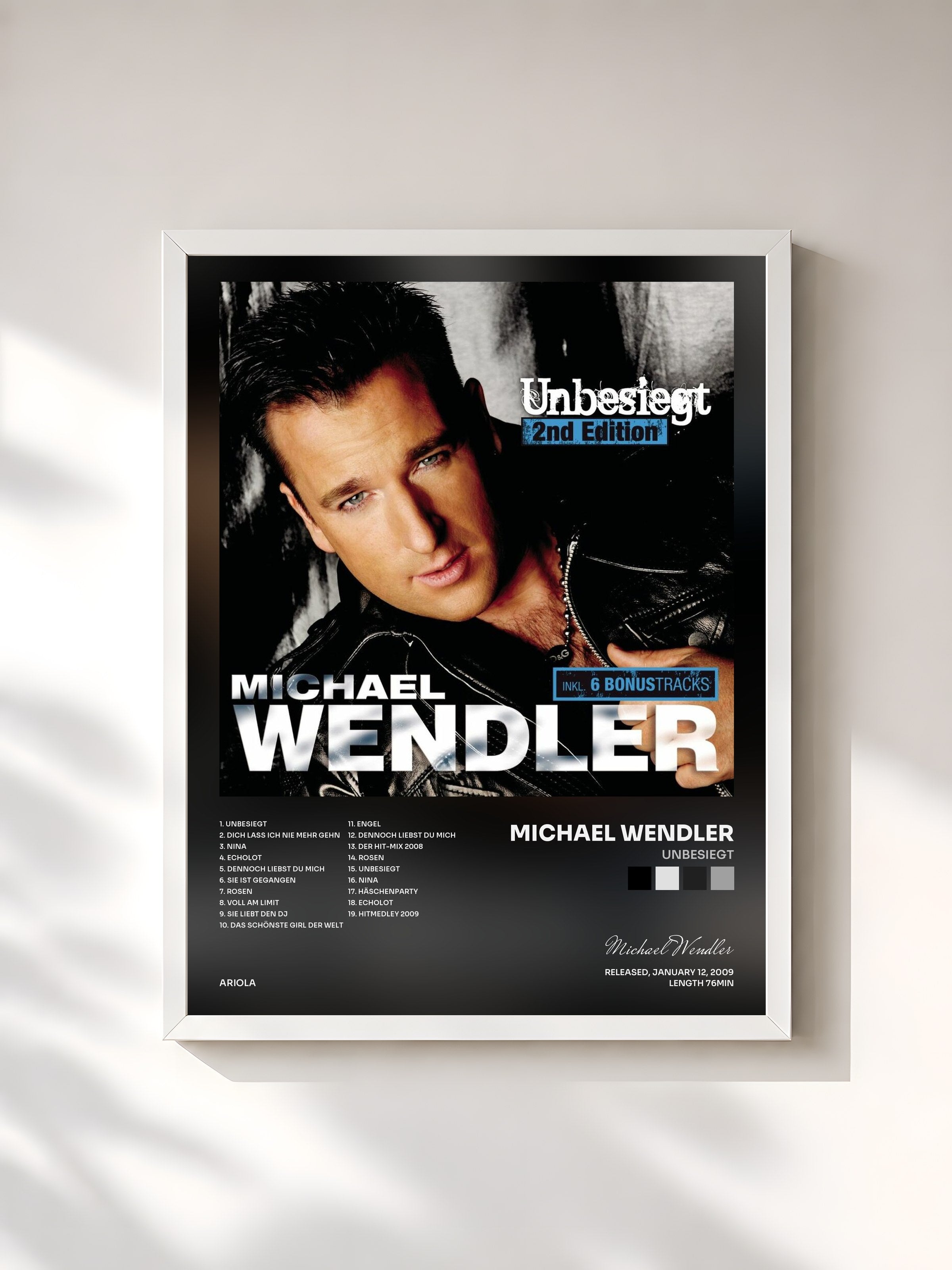 #blanc Tableau de l'album Unbesiegt de Michael Wendler, cadre blanc, imprimé et encadré en France