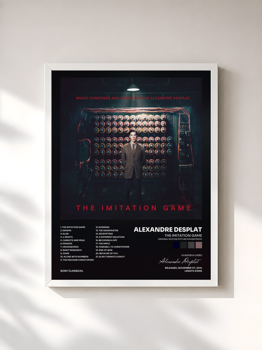 #blanc Tableau de l'album The Imitation Game (Original Motion Picture Soundtrack) de Alexandre Desplat, cadre blanc, imprimé et encadré en France