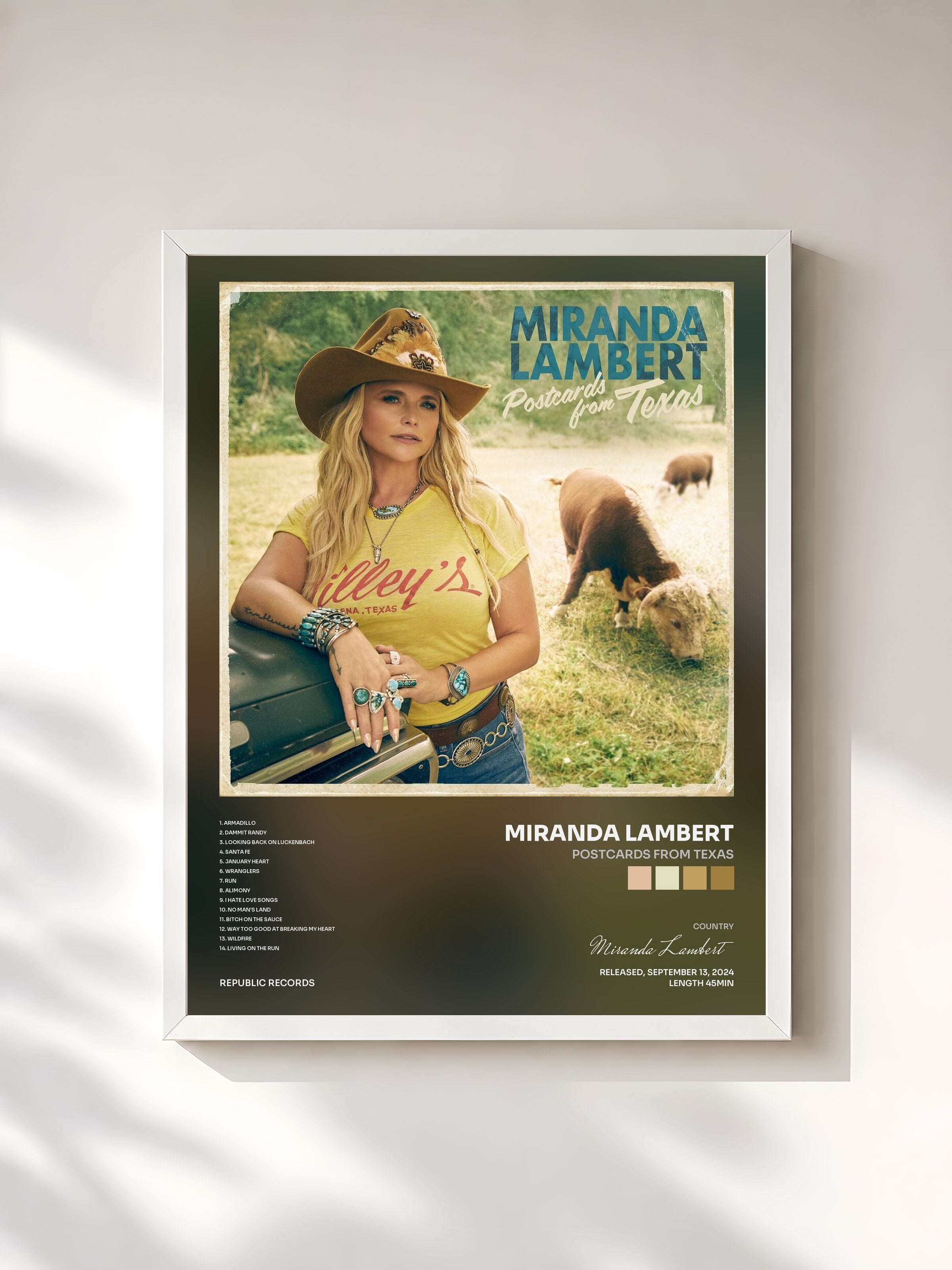 #blanc Tableau de l'album Postcards From Texas de Miranda Lambert, cadre blanc, imprimé et encadré en France