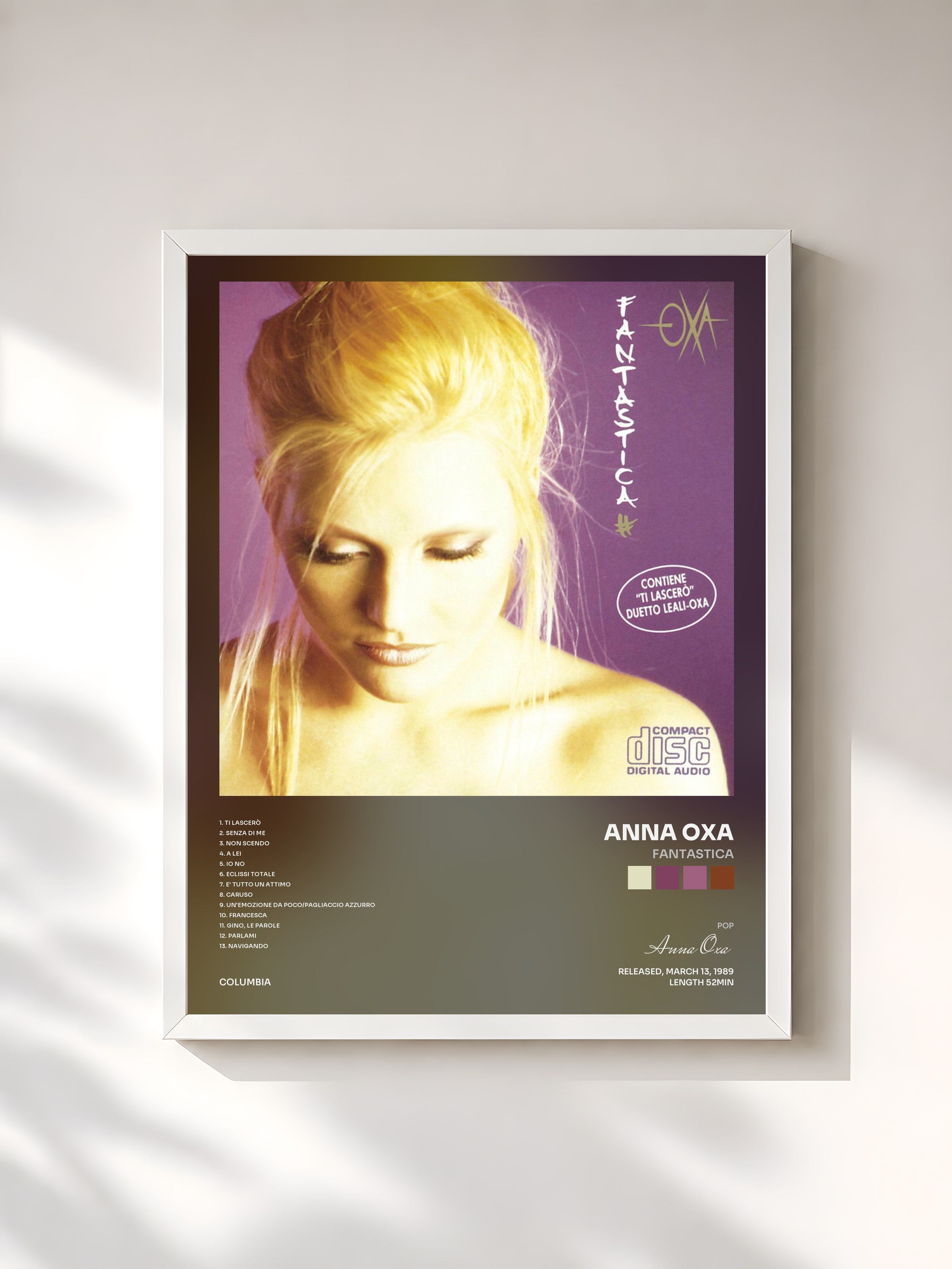 #blanc Tableau de l'album Fantastica de Anna Oxa, cadre blanc, imprimé et encadré en France