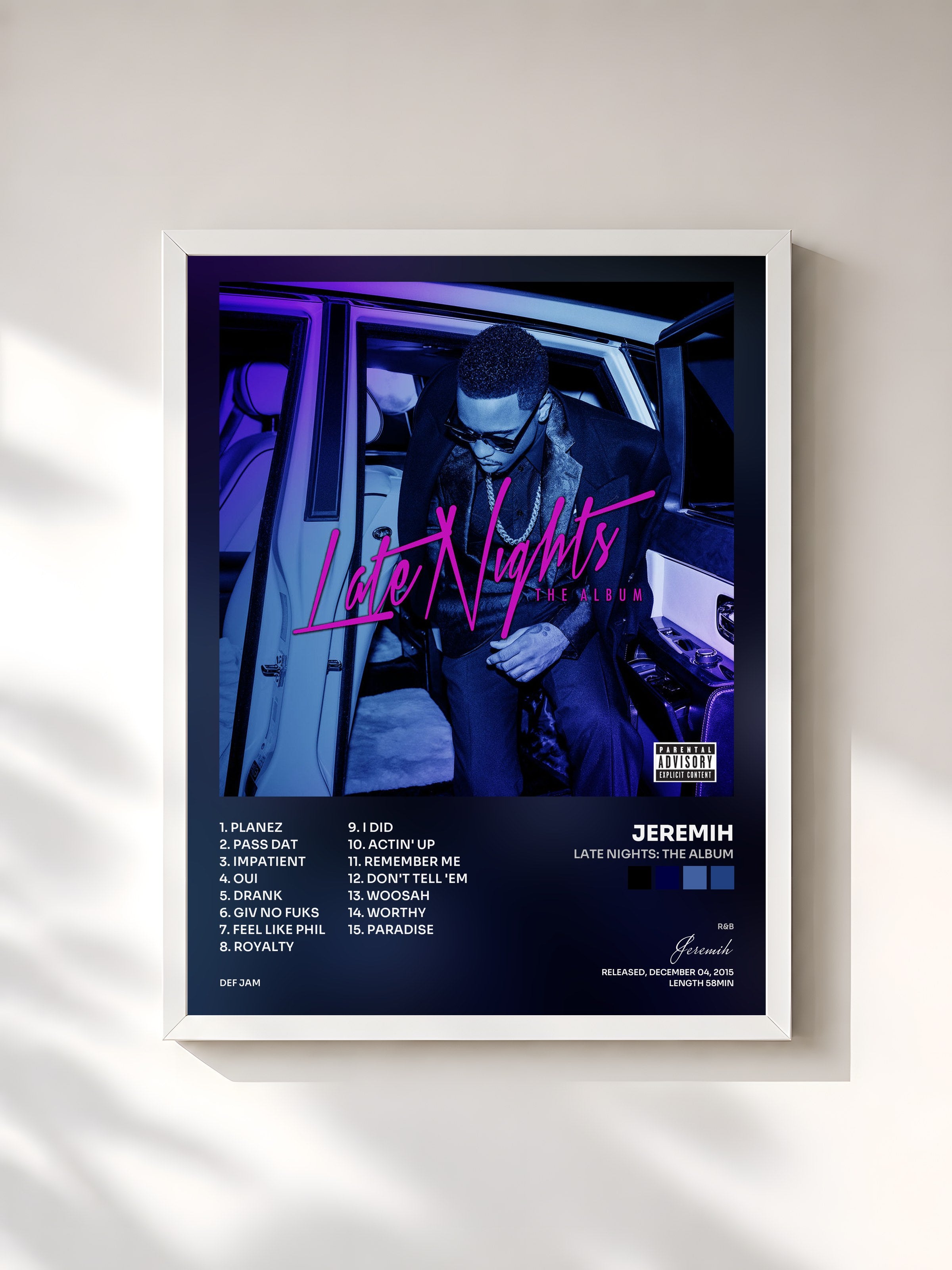 #blanc Tableau de l'album Late Nights: The Album de Jeremih, cadre blanc, imprimé et encadré en France