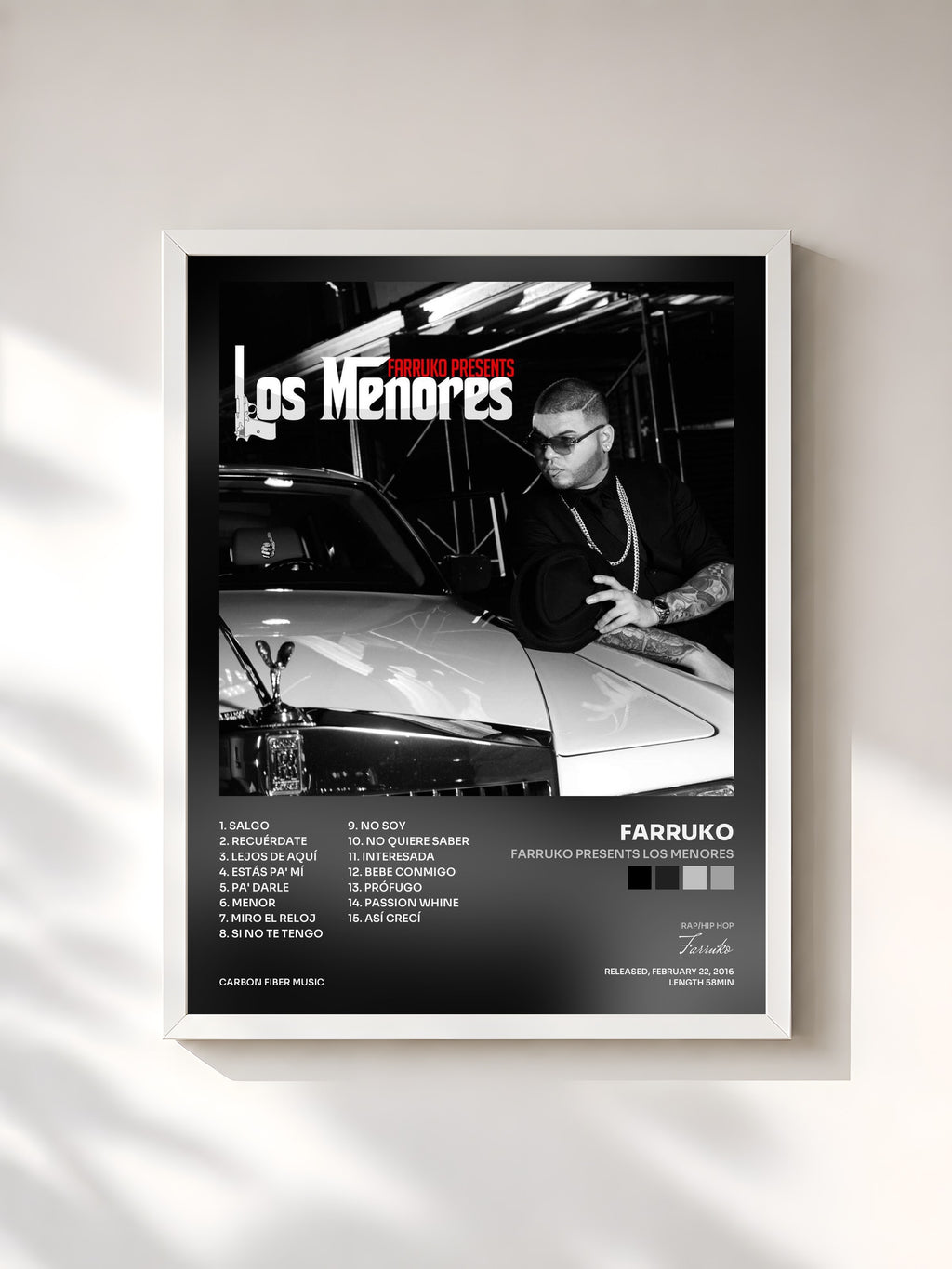 #blanc Tableau de l'album Farruko Presents Los Menores de Farruko, cadre blanc, imprimé et encadré en France