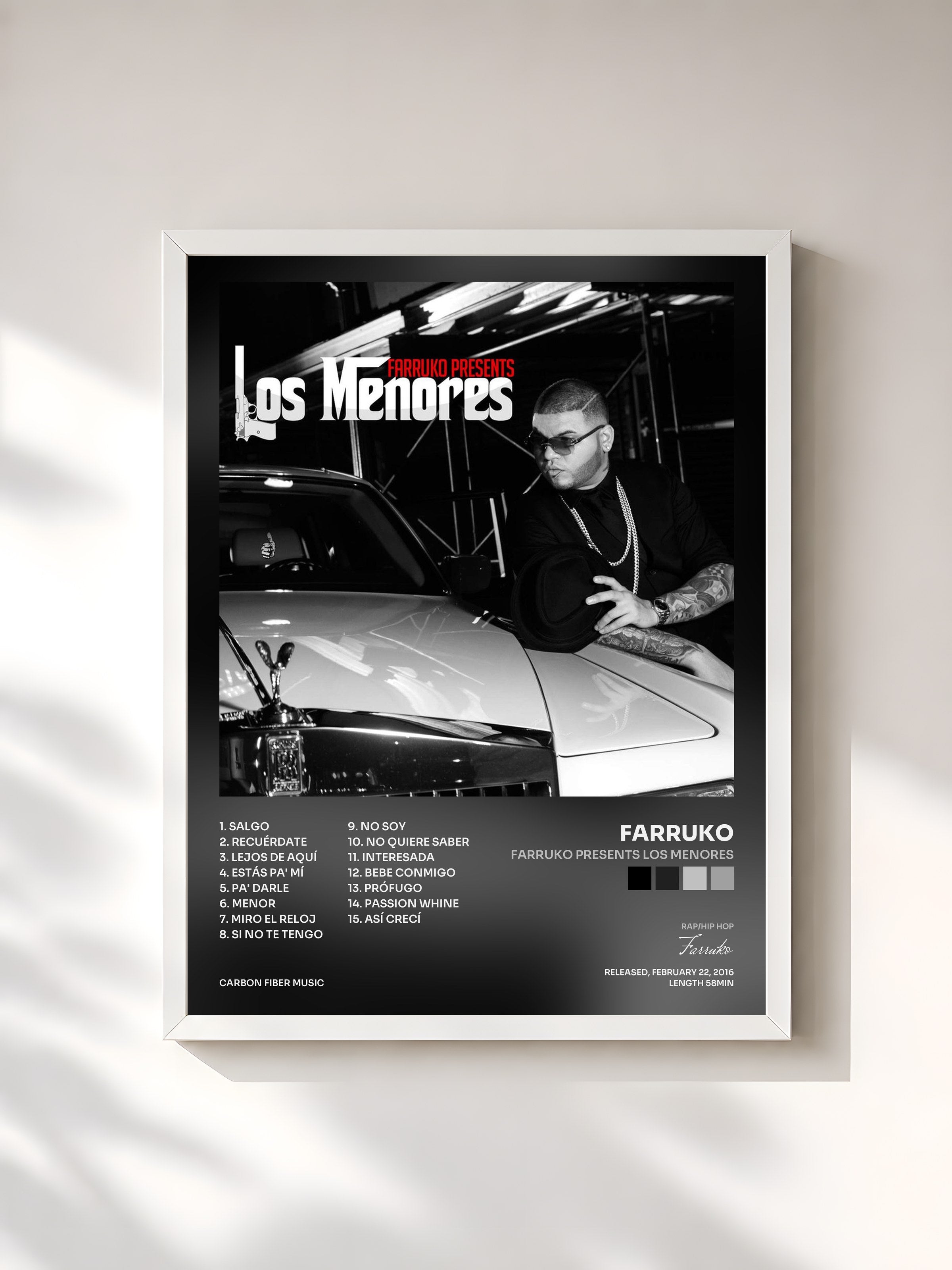 #blanc Tableau de l'album Farruko Presents Los Menores de Farruko, cadre blanc, imprimé et encadré en France