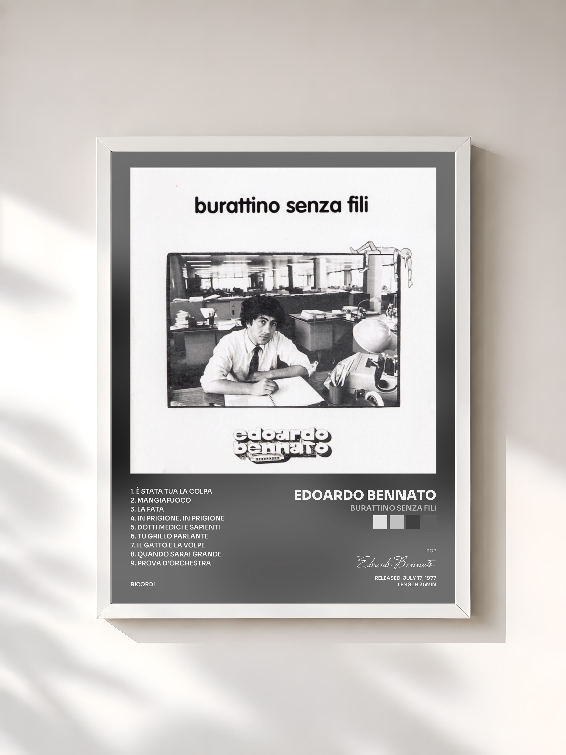 #blanc Tableau de l'album Burattino Senza Fili de Edoardo Bennato, cadre blanc, imprimé et encadré en France