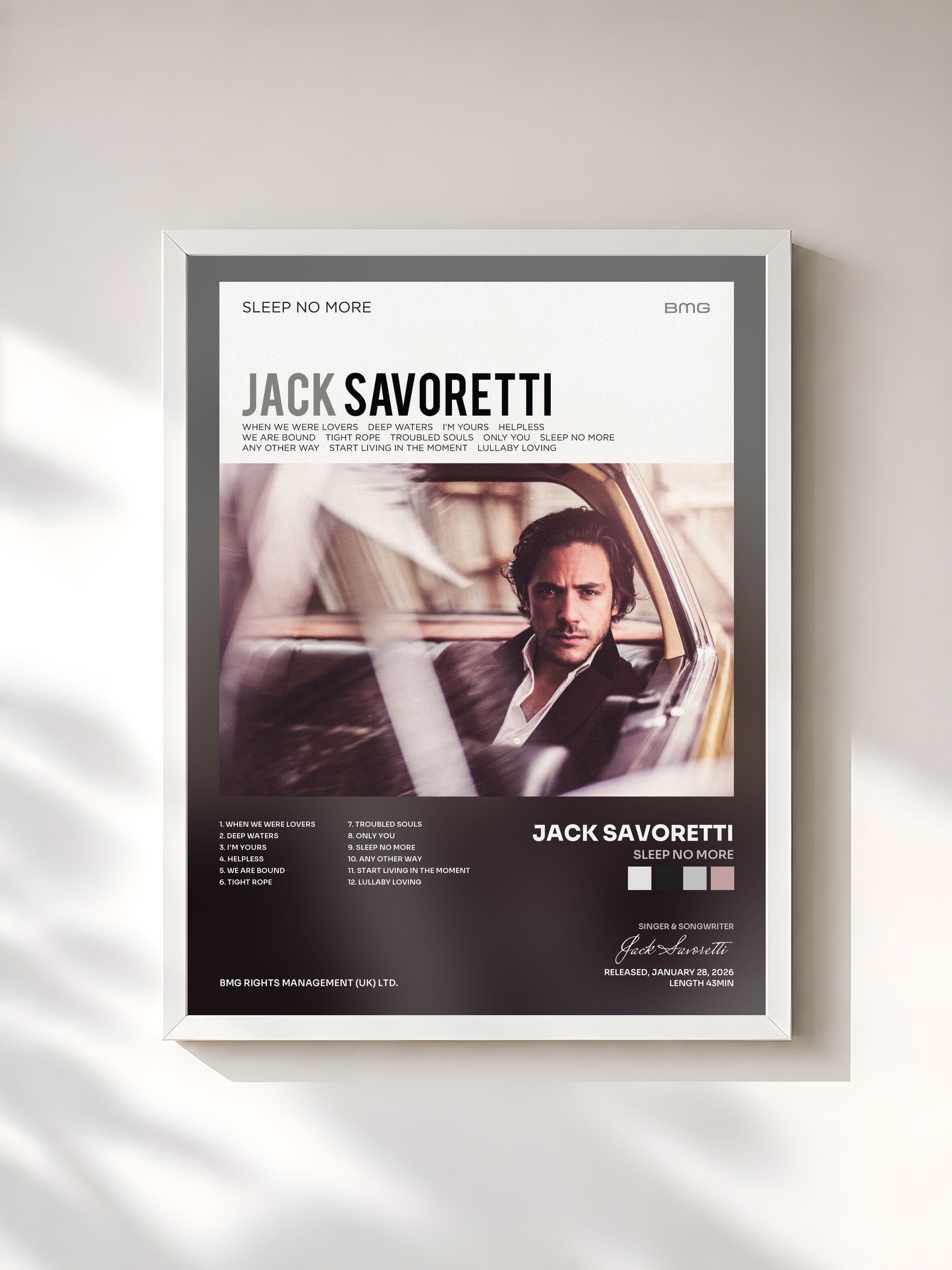 #blanc Tableau de l'album Sleep No More de Jack Savoretti, cadre blanc, imprimé et encadré en France