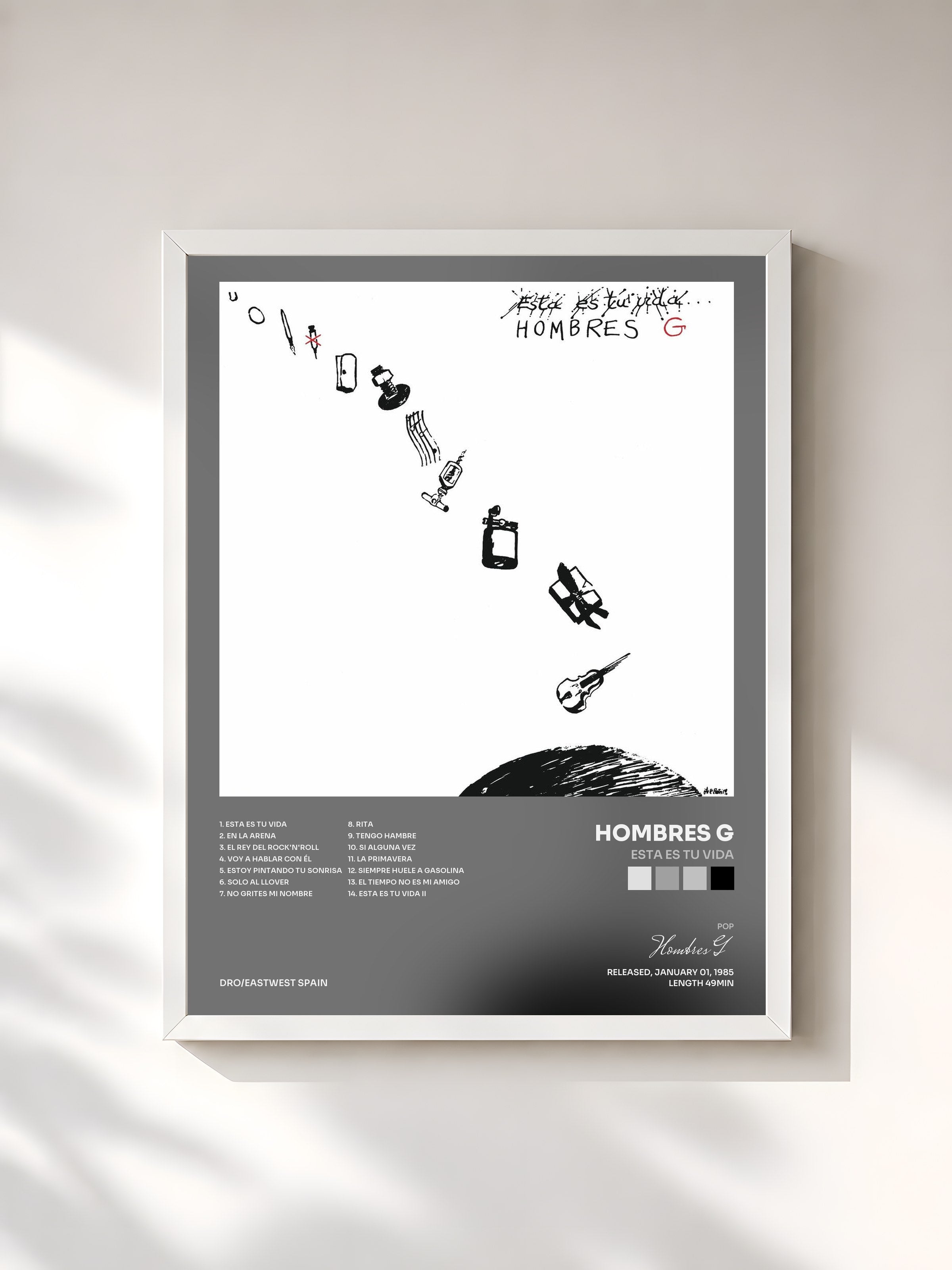 #blanc Tableau de l'album Esta Es Tu Vida de Hombres G, cadre blanc, imprimé et encadré en France