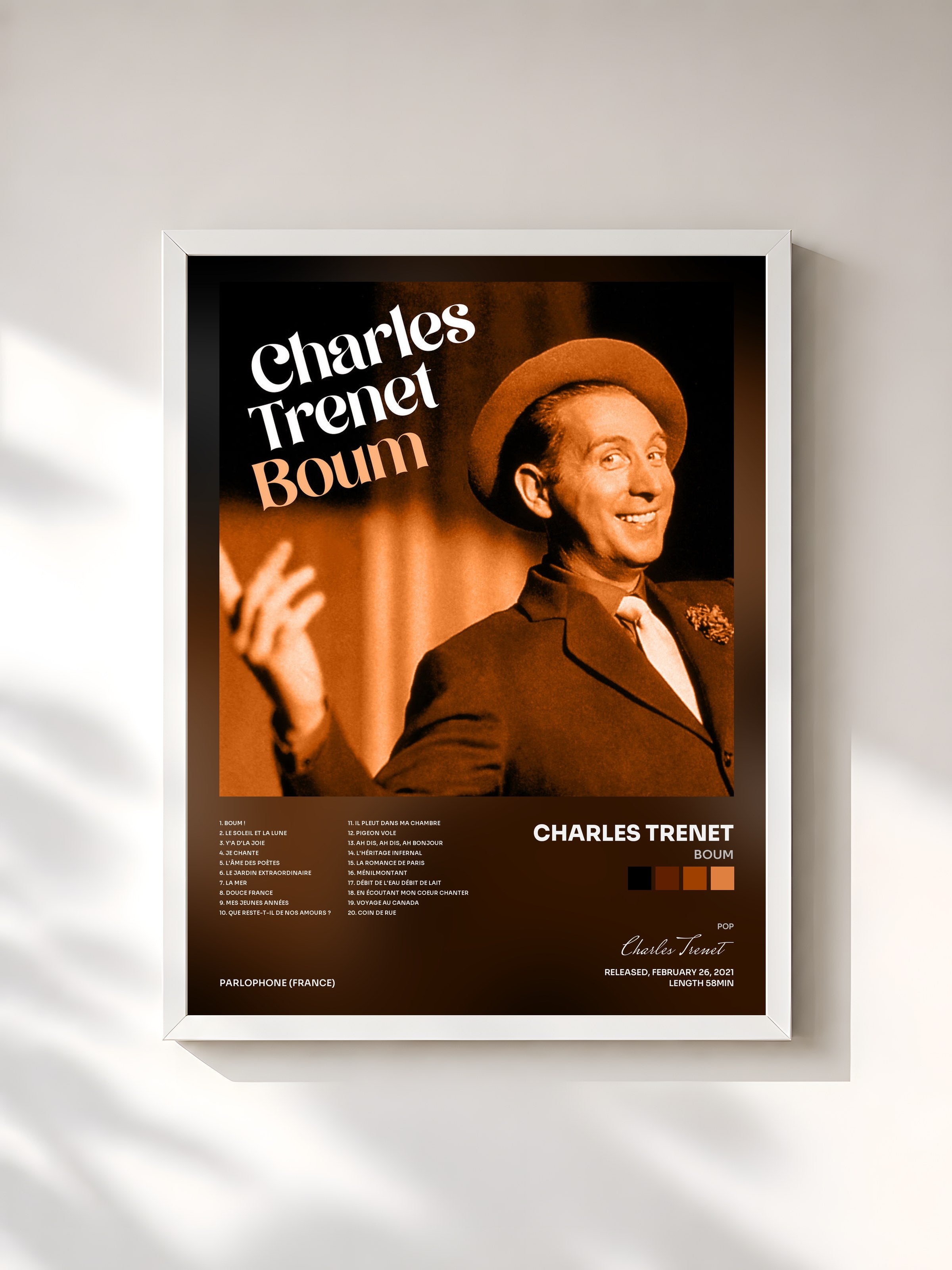 #blanc Tableau de l'album Boum de Charles Trenet, cadre blanc, imprimé et encadré en France
