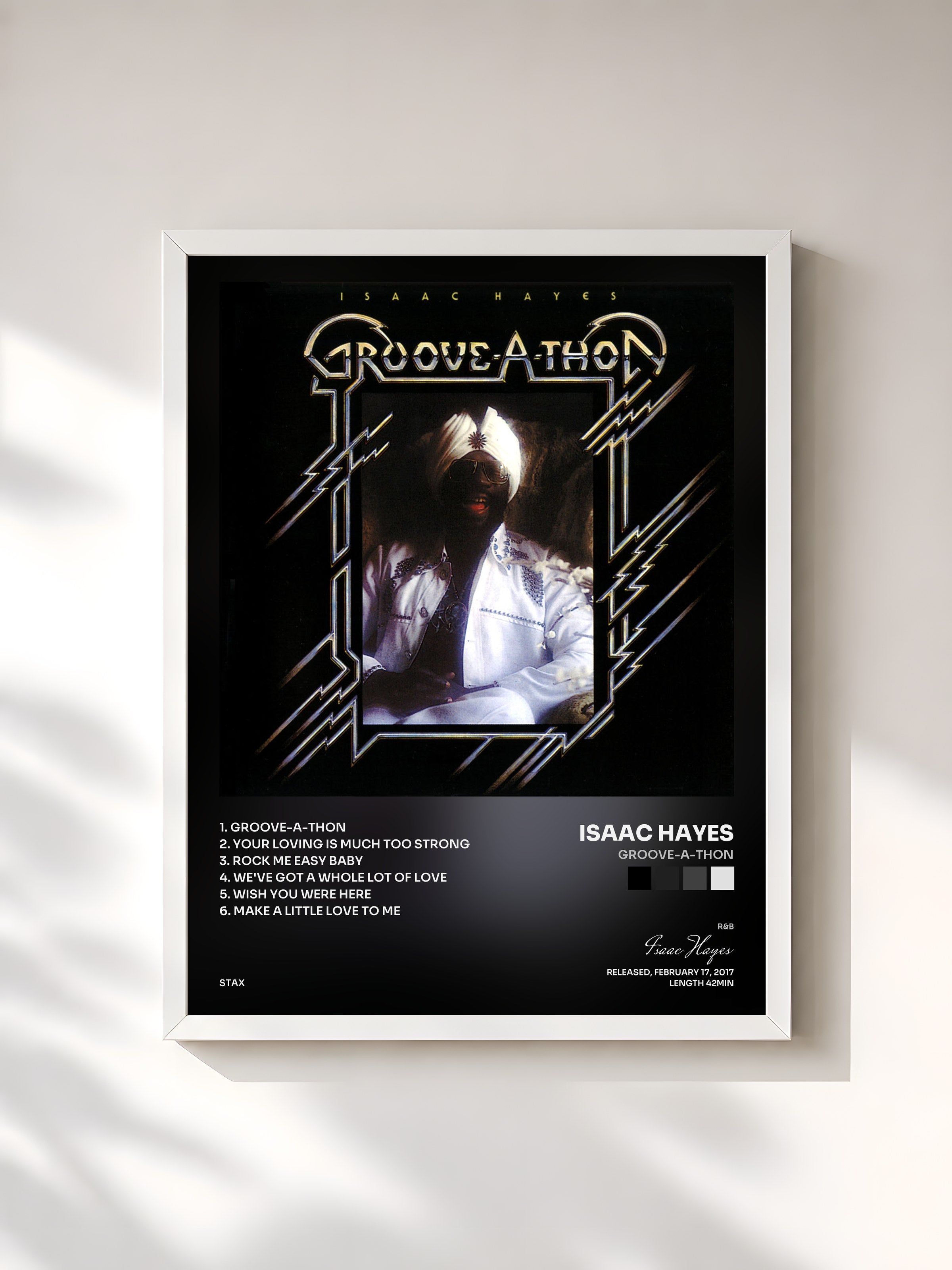 #blanc Tableau de l'album Groove-A-Thon de Isaac Hayes, cadre blanc, imprimé et encadré en France