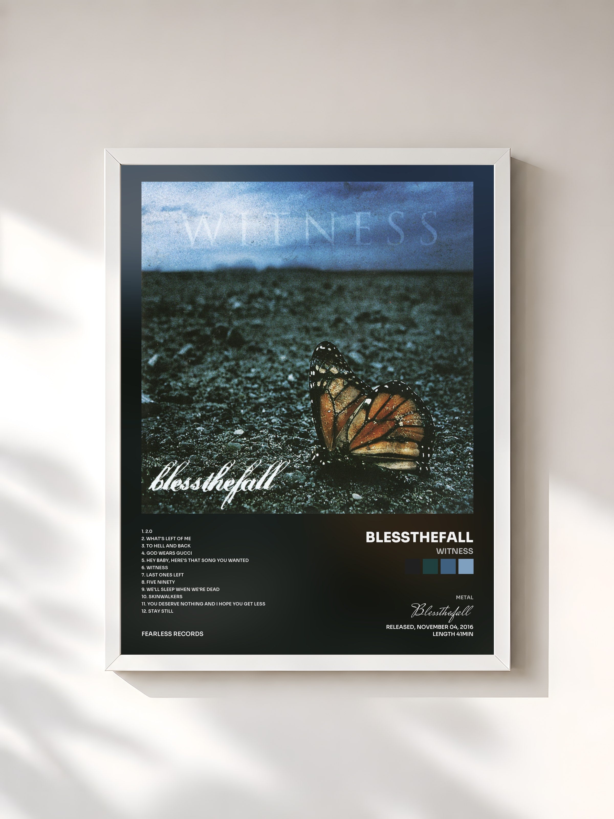 #blanc Tableau de l'album Witness de Blessthefall, cadre blanc, imprimé et encadré en France