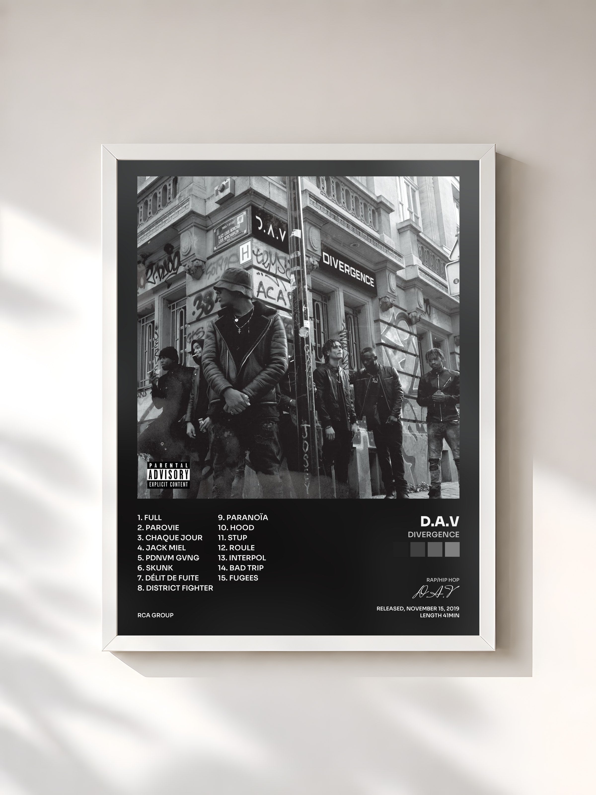 #blanc Tableau de l'album Divergence de D.A.V, cadre blanc, imprimé et encadré en France
