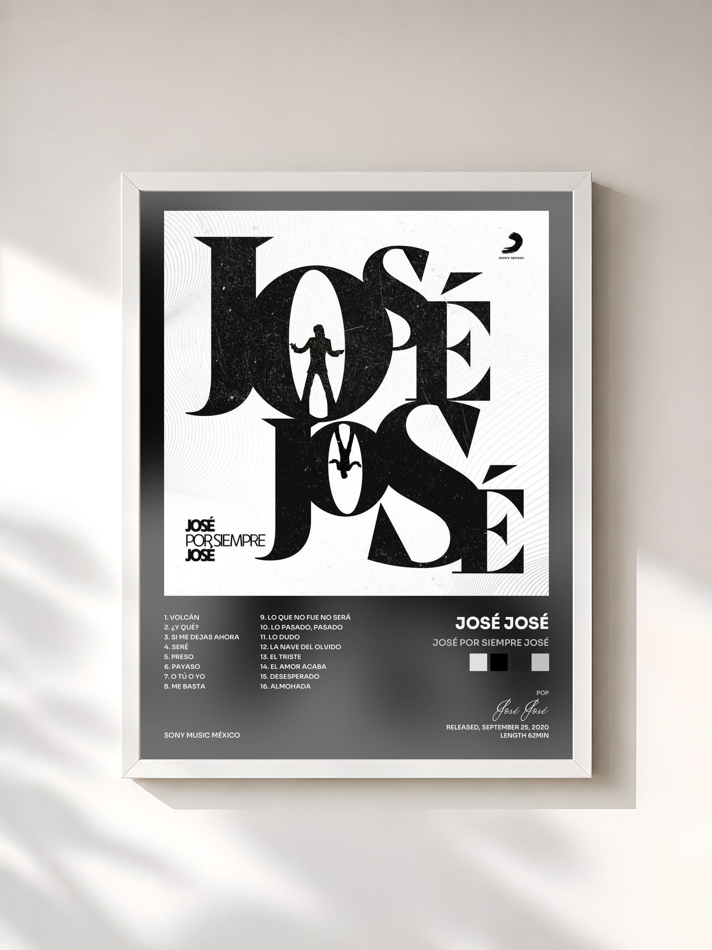 #blanc Tableau de l'album José por Siempre José de José José, cadre blanc, imprimé et encadré en France
