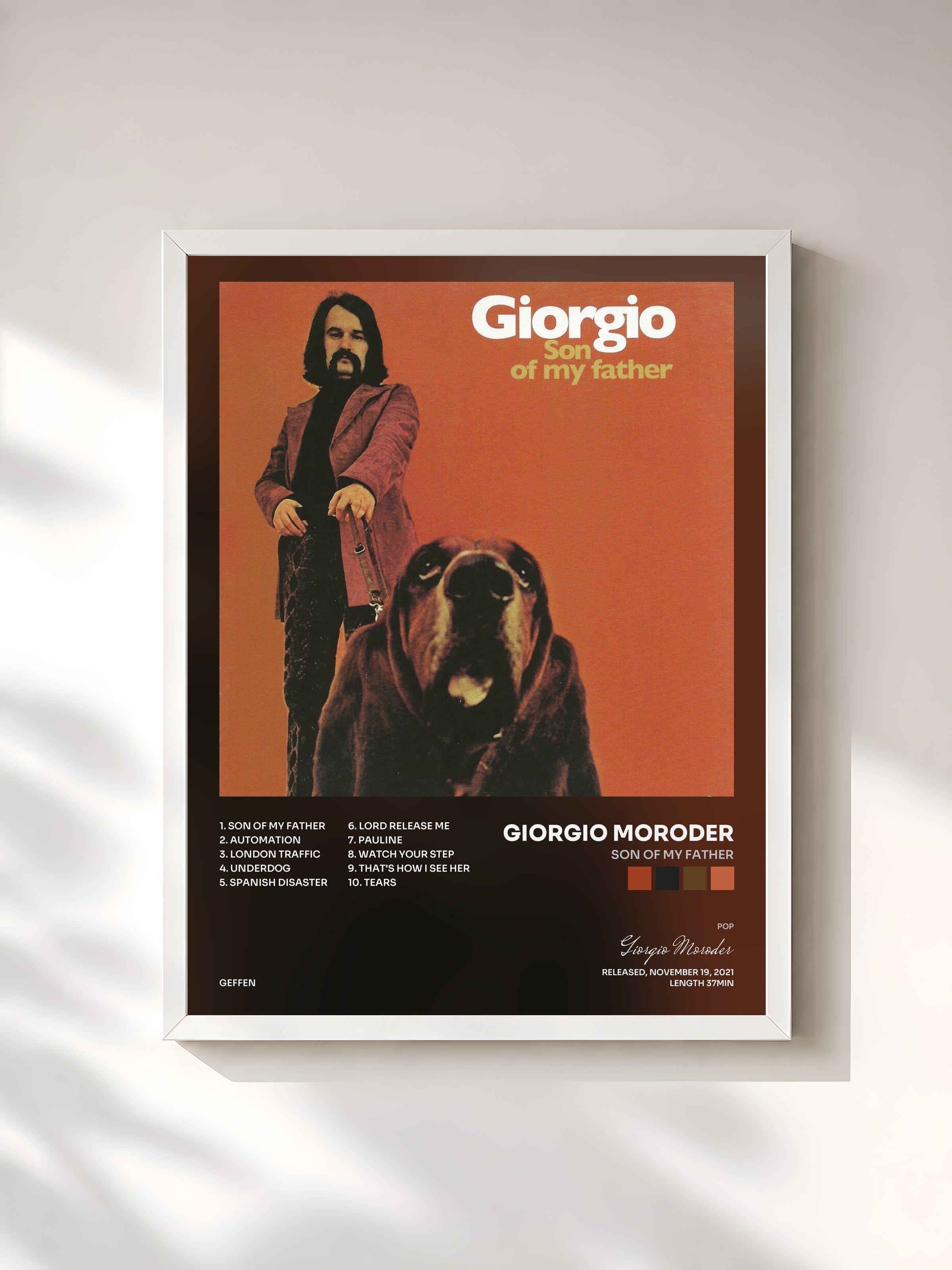 #blanc Tableau de l'album Son Of My Father de Giorgio Moroder, cadre blanc, imprimé et encadré en France