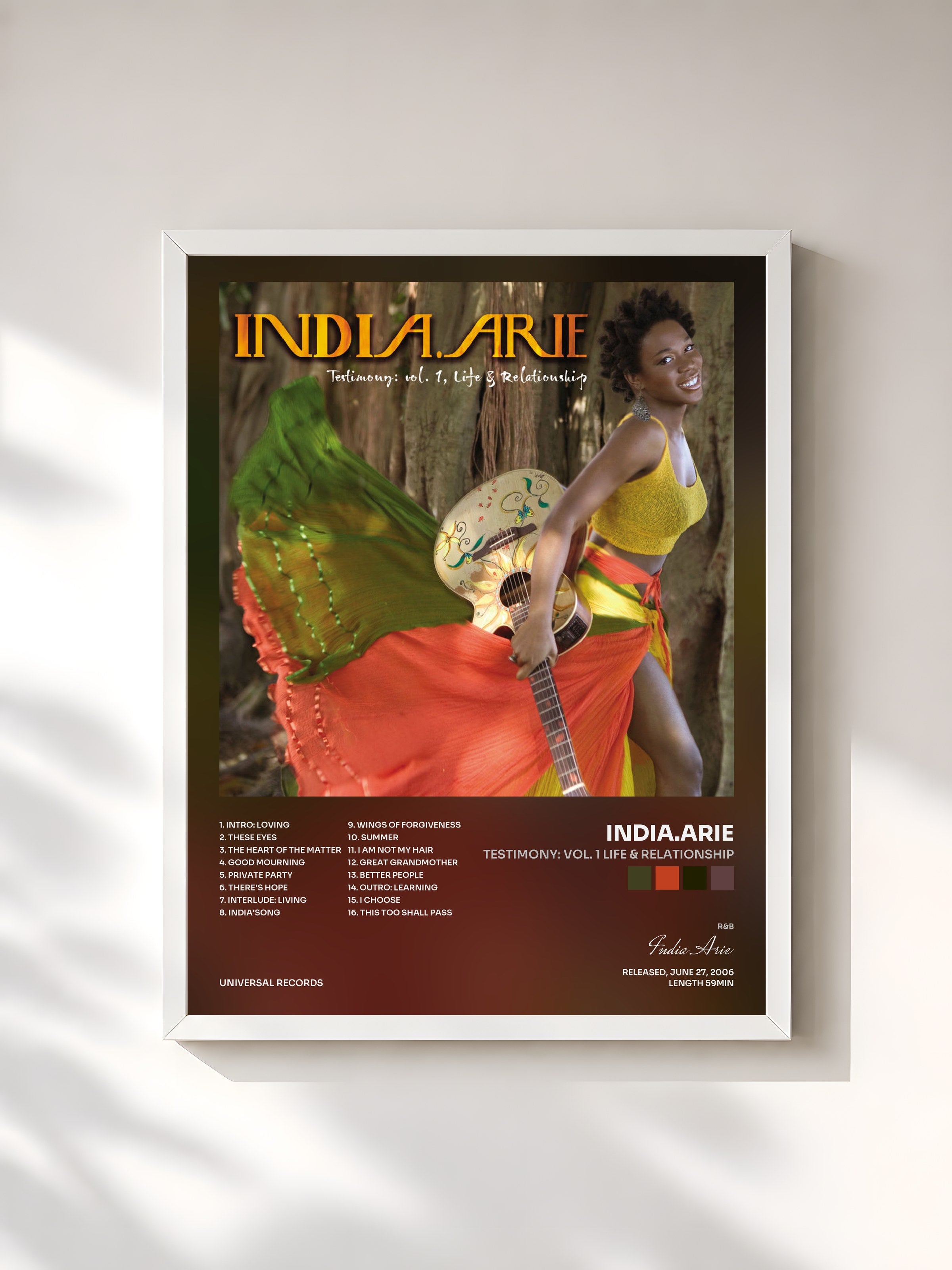 #blanc Tableau de l'album Testimony: Vol. 1 Life & Relationship de India.Arie, cadre blanc, imprimé et encadré en France
