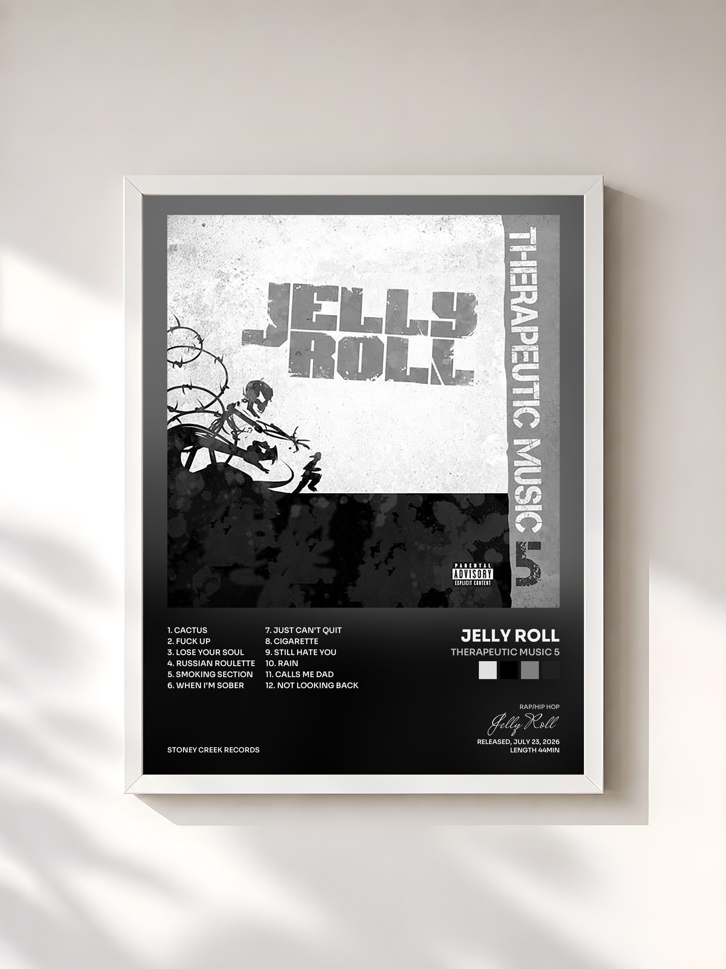 #blanc Tableau de l'album Therapeutic Music 5 de Jelly Roll, cadre blanc, imprimé et encadré en France