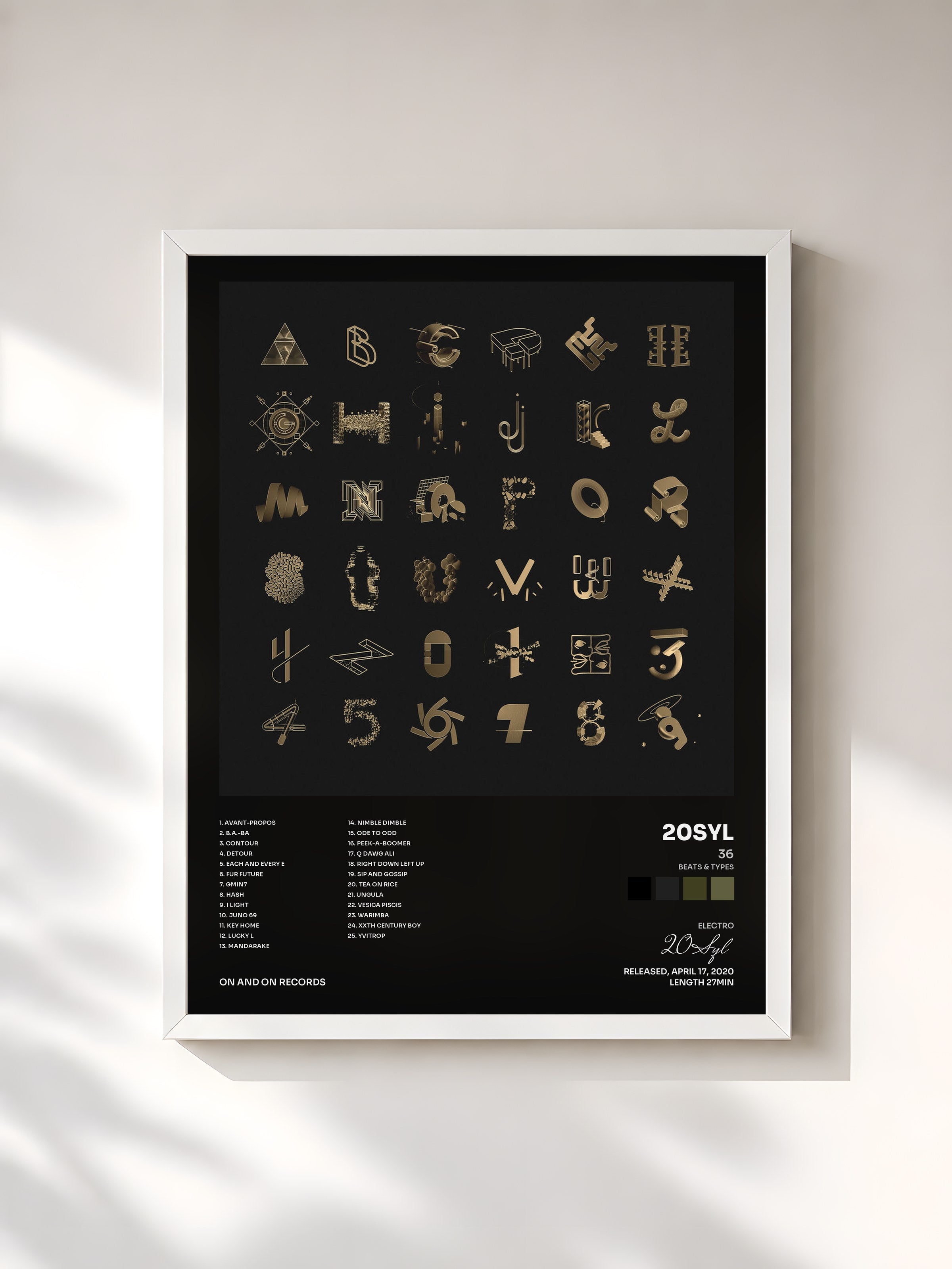 #blanc Tableau de l'album 36 (Beats & Types) de 20Syl, cadre blanc, imprimé et encadré en France