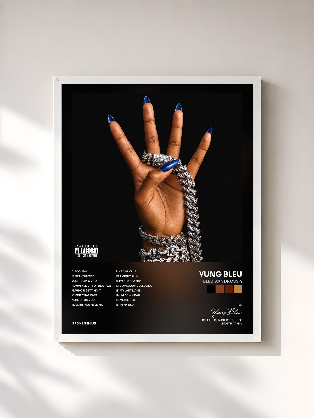 #blanc Tableau de l'album Bleu Vandross 4 de Yung Bleu, cadre blanc, imprimé et encadré en France