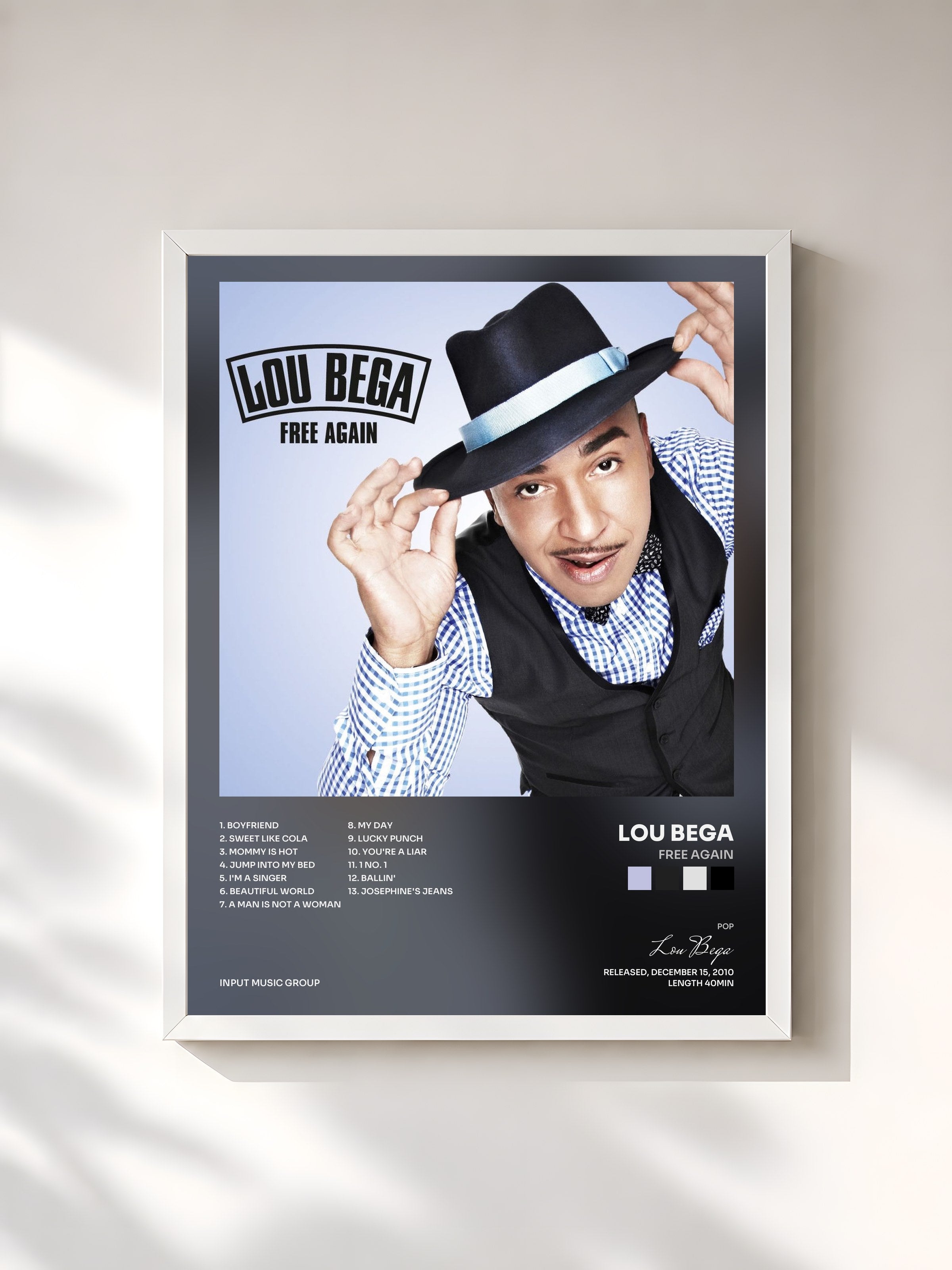 #blanc Tableau de l'album Free Again de Lou Bega, cadre blanc, imprimé et encadré en France
