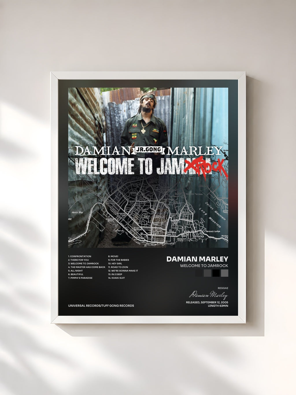 #blanc Tableau de l'album Welcome to Jamrock de Damian Marley, cadre blanc, imprimé et encadré en France