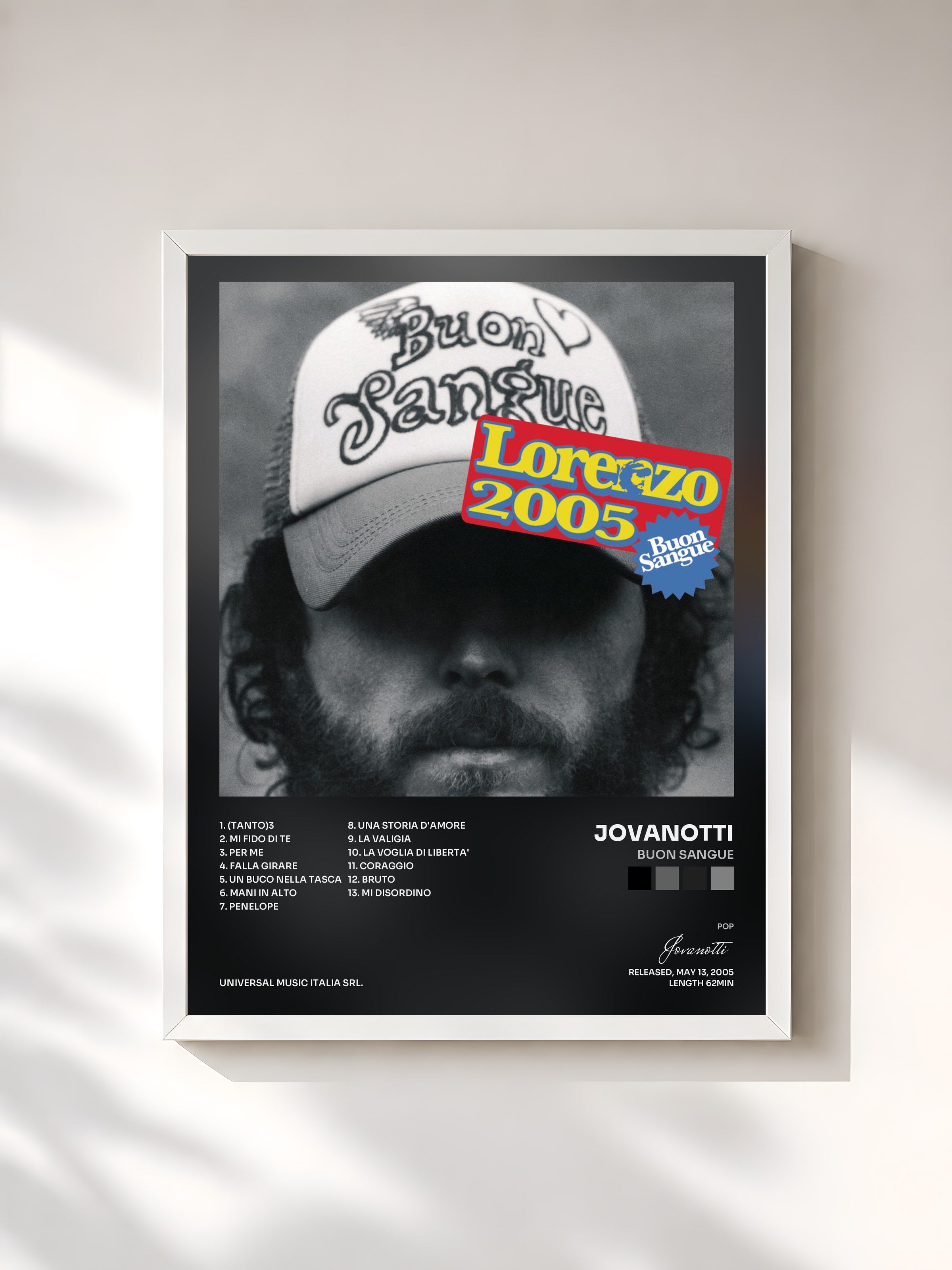 #blanc Tableau de l'album Buon Sangue de Jovanotti, cadre blanc, imprimé et encadré en France