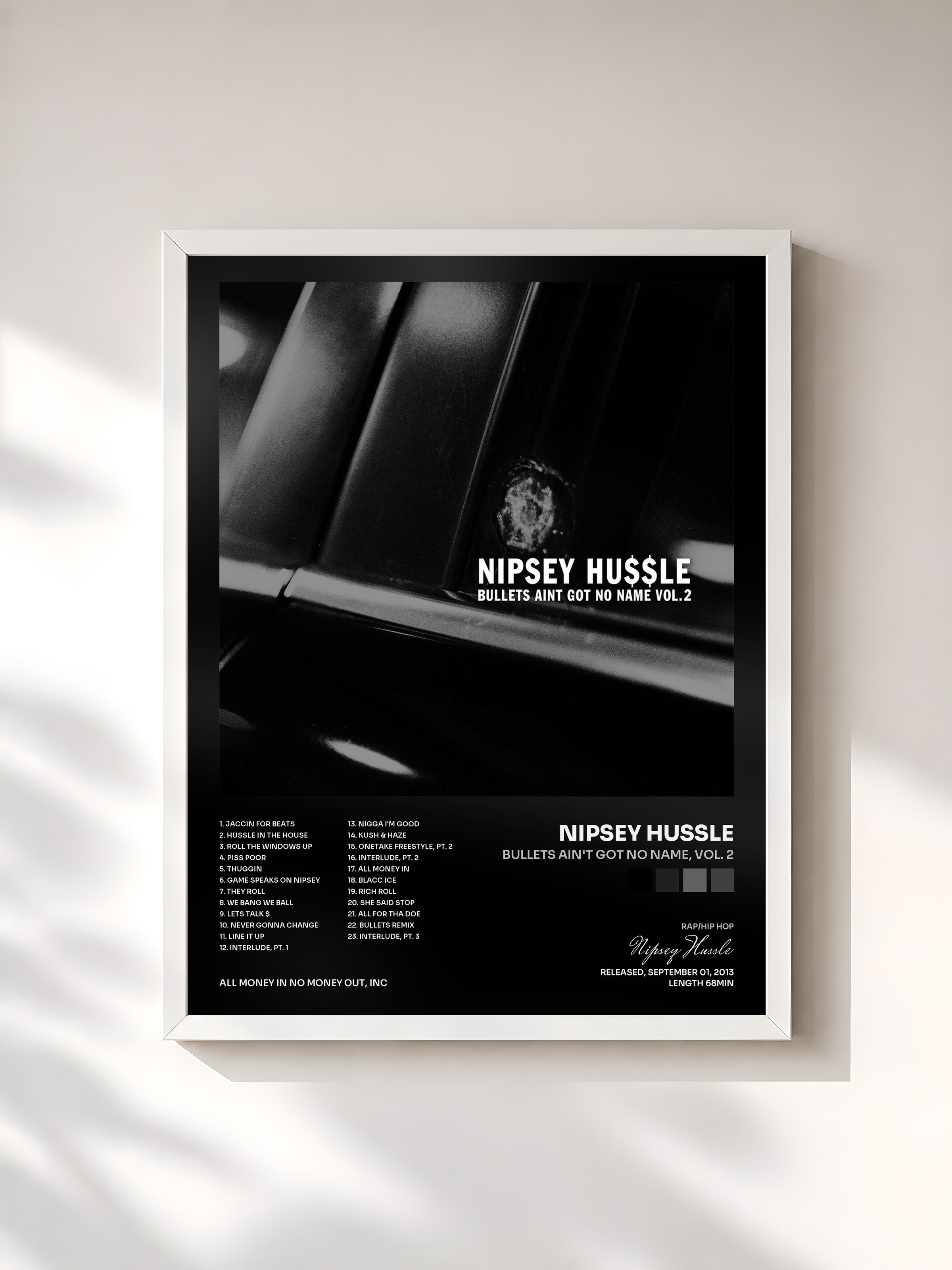 #blanc Tableau de l'album Bullets Ain't Got No Name, Vol. 2 de Nipsey Hussle, cadre blanc, imprimé et encadré en France