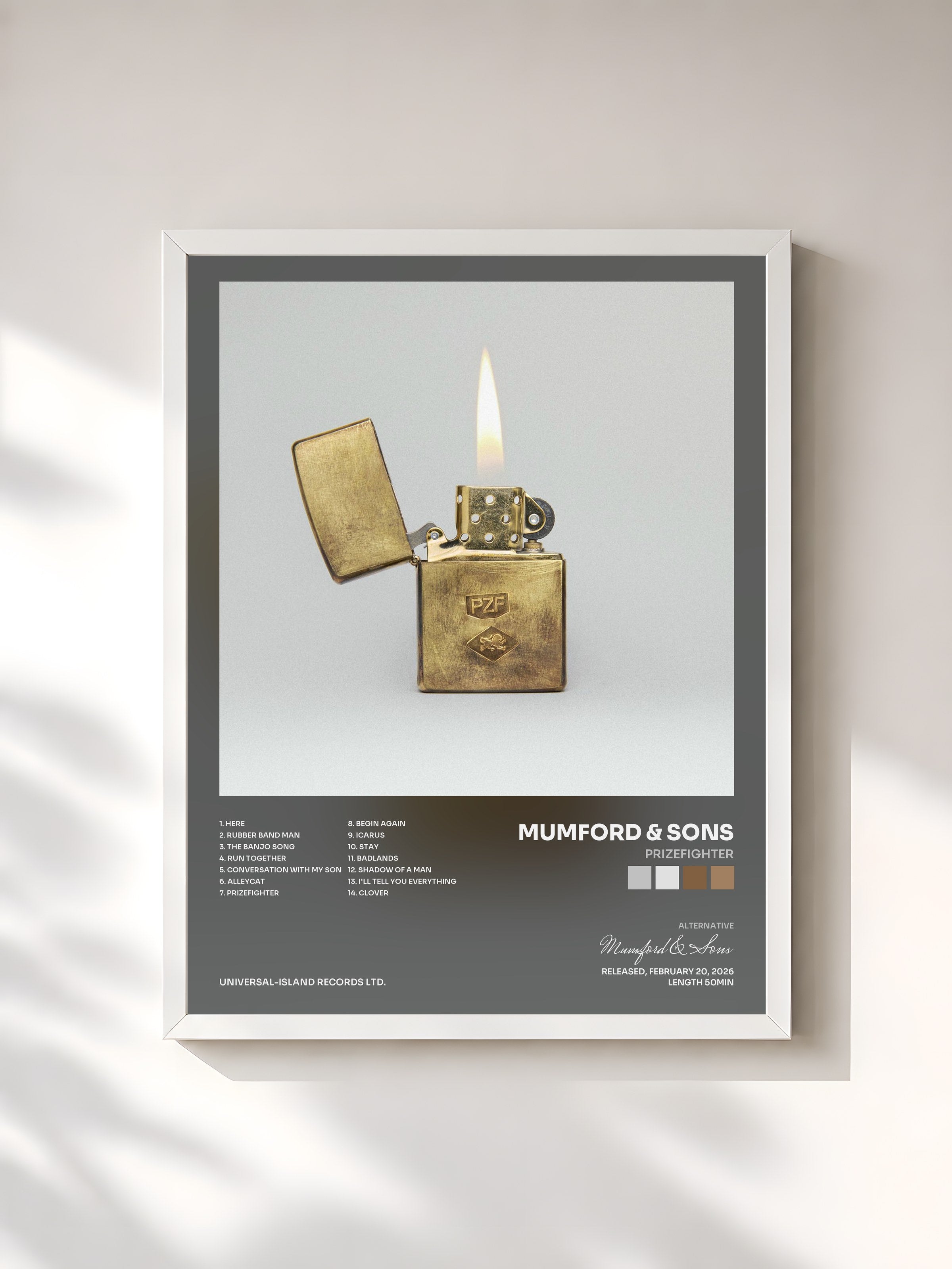 #blanc Tableau de l'album Prizefighter de Mumford & Sons, cadre blanc, imprimé et encadré en France