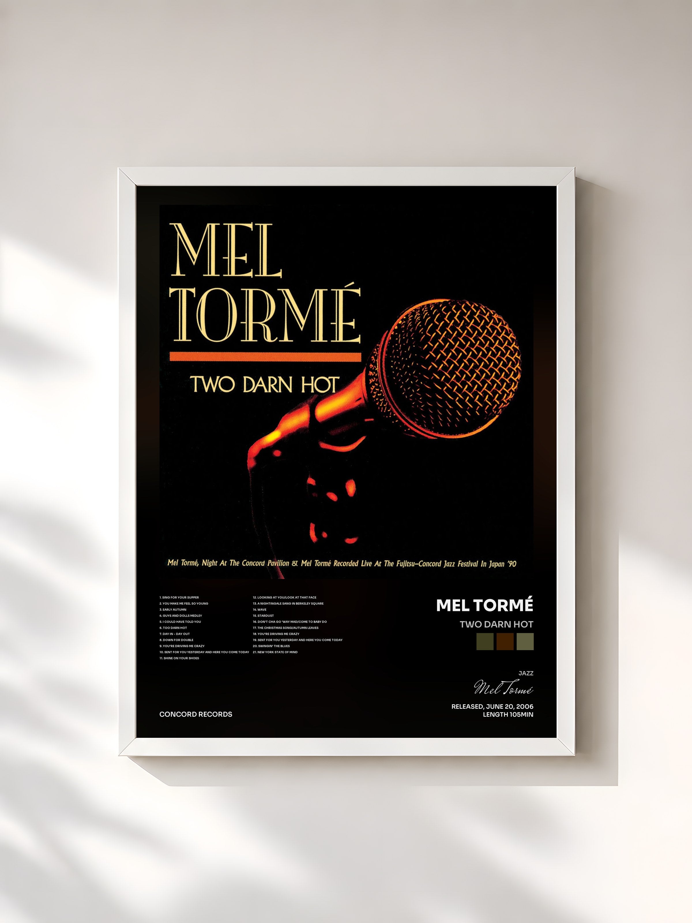 #blanc Tableau de l'album Two Darn Hot de Mel Tormé, cadre blanc, imprimé et encadré en France