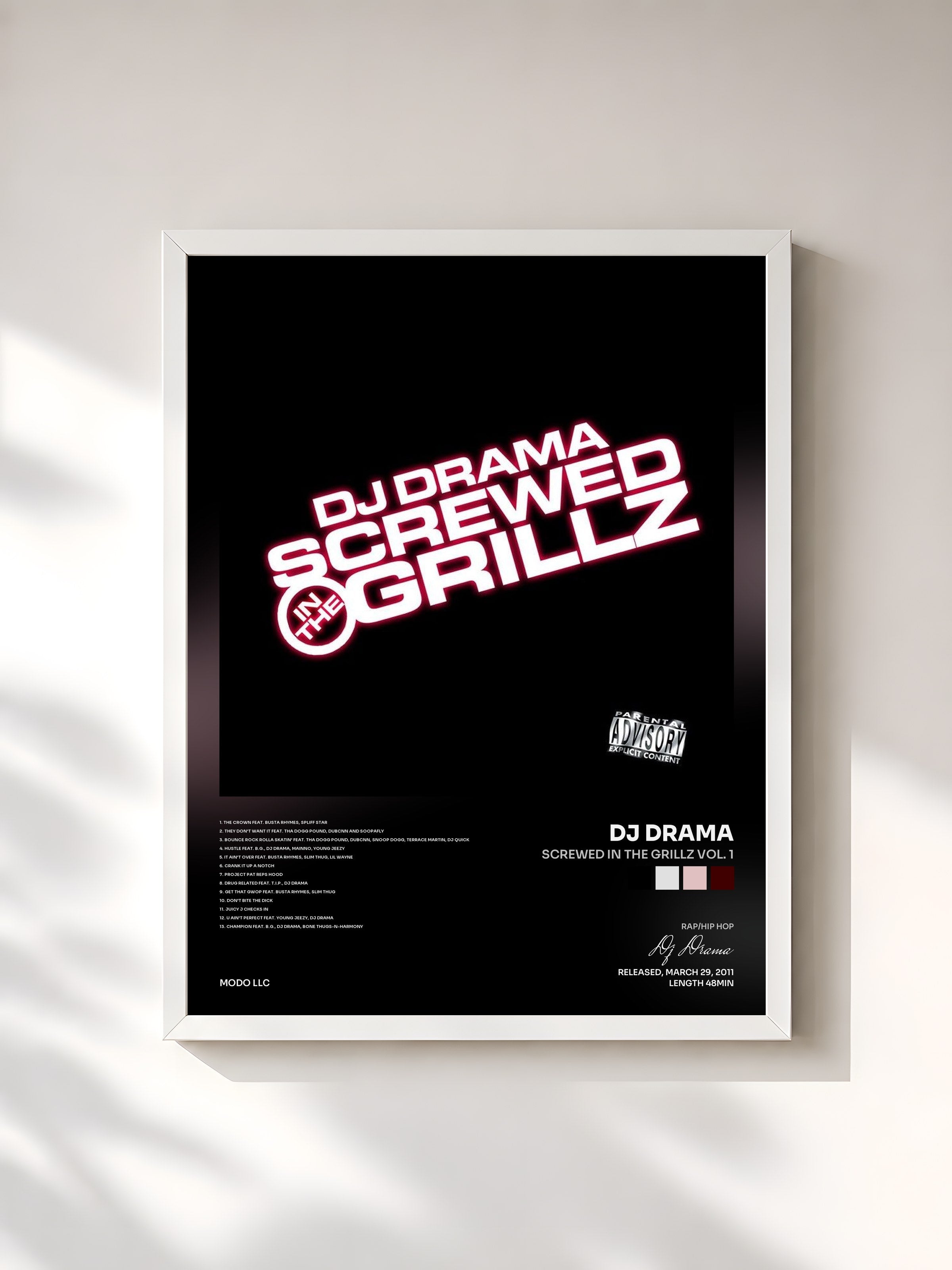 #blanc Tableau de l'album Screwed In The Grillz Vol. 1 de Dj Drama, cadre blanc, imprimé et encadré en France