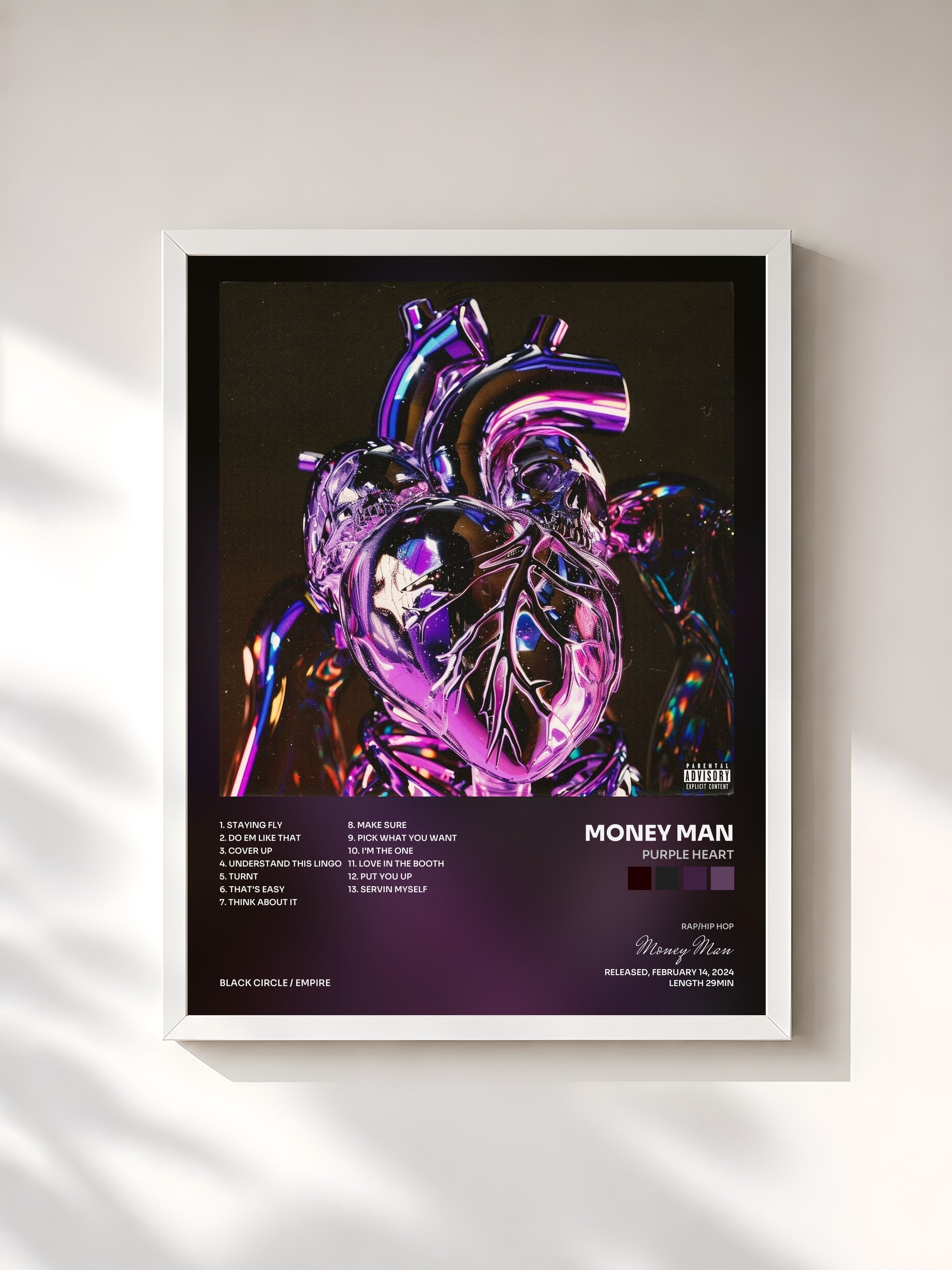 #blanc Tableau de l'album Purple Heart de Money Man, cadre blanc, imprimé et encadré en France