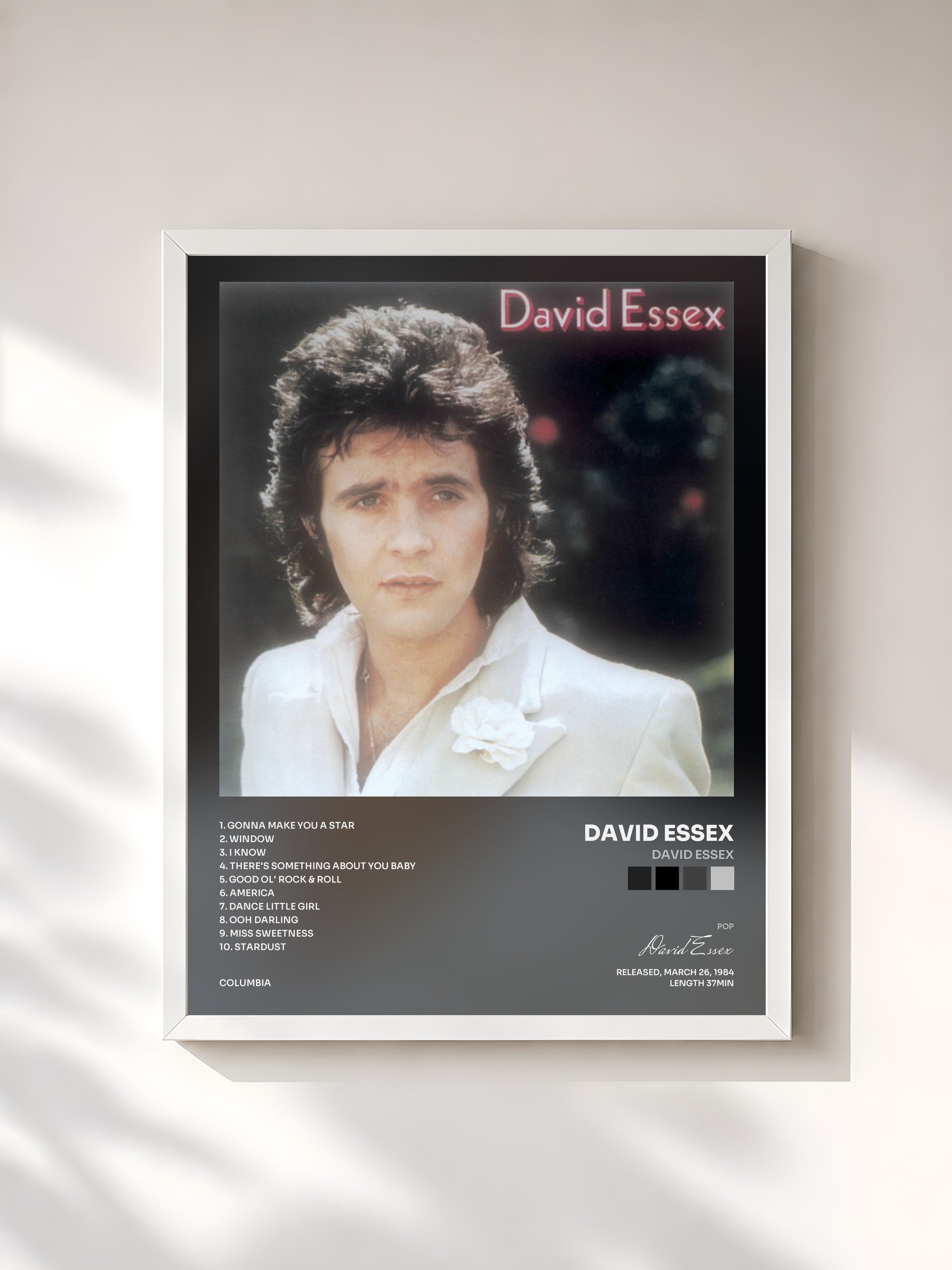 #blanc Tableau de l'album David Essex de David Essex, cadre blanc, imprimé et encadré en France