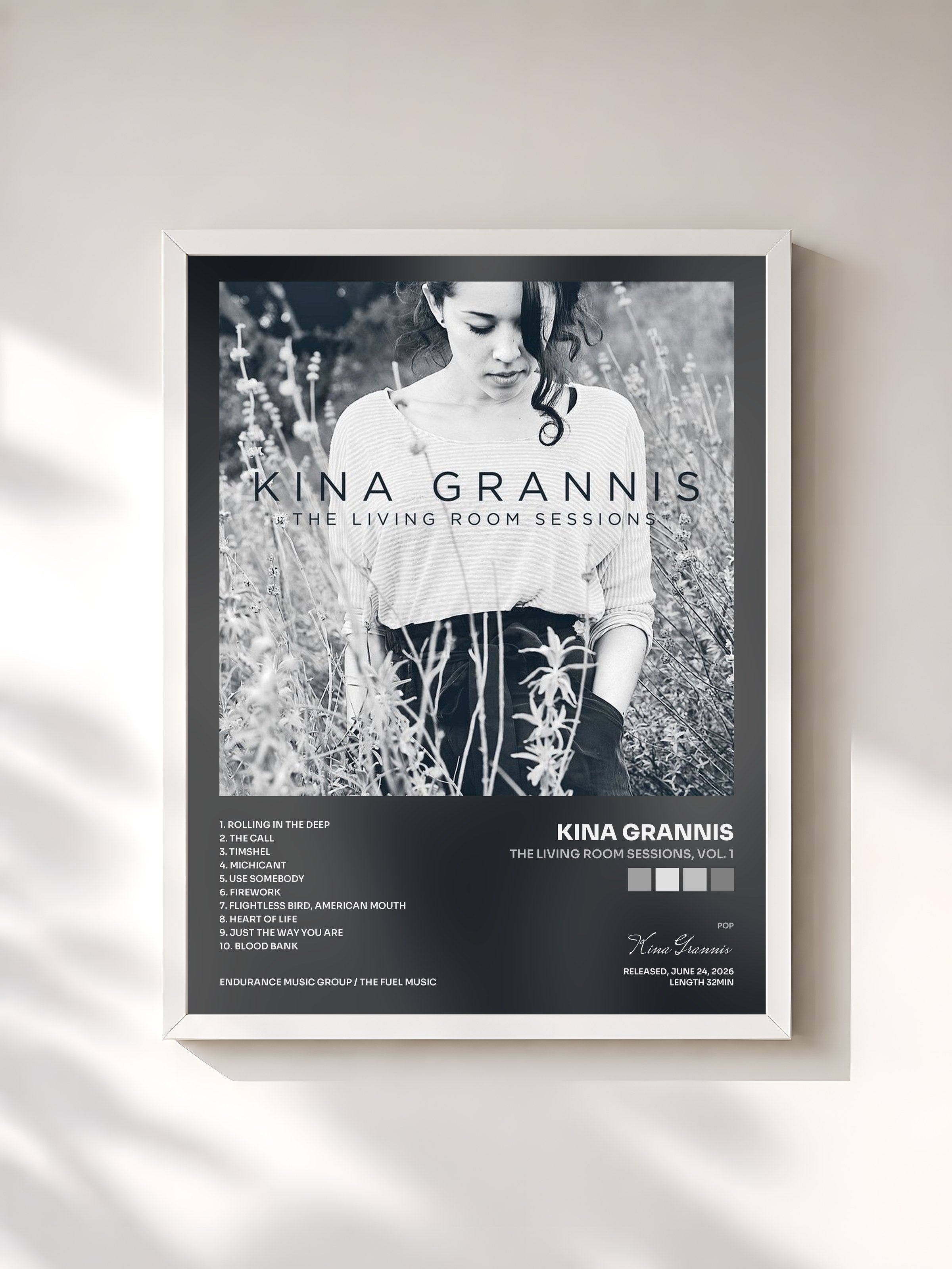#blanc Tableau de l'album The Living Room Sessions, Vol. 1 de Kina Grannis, cadre blanc, imprimé et encadré en France