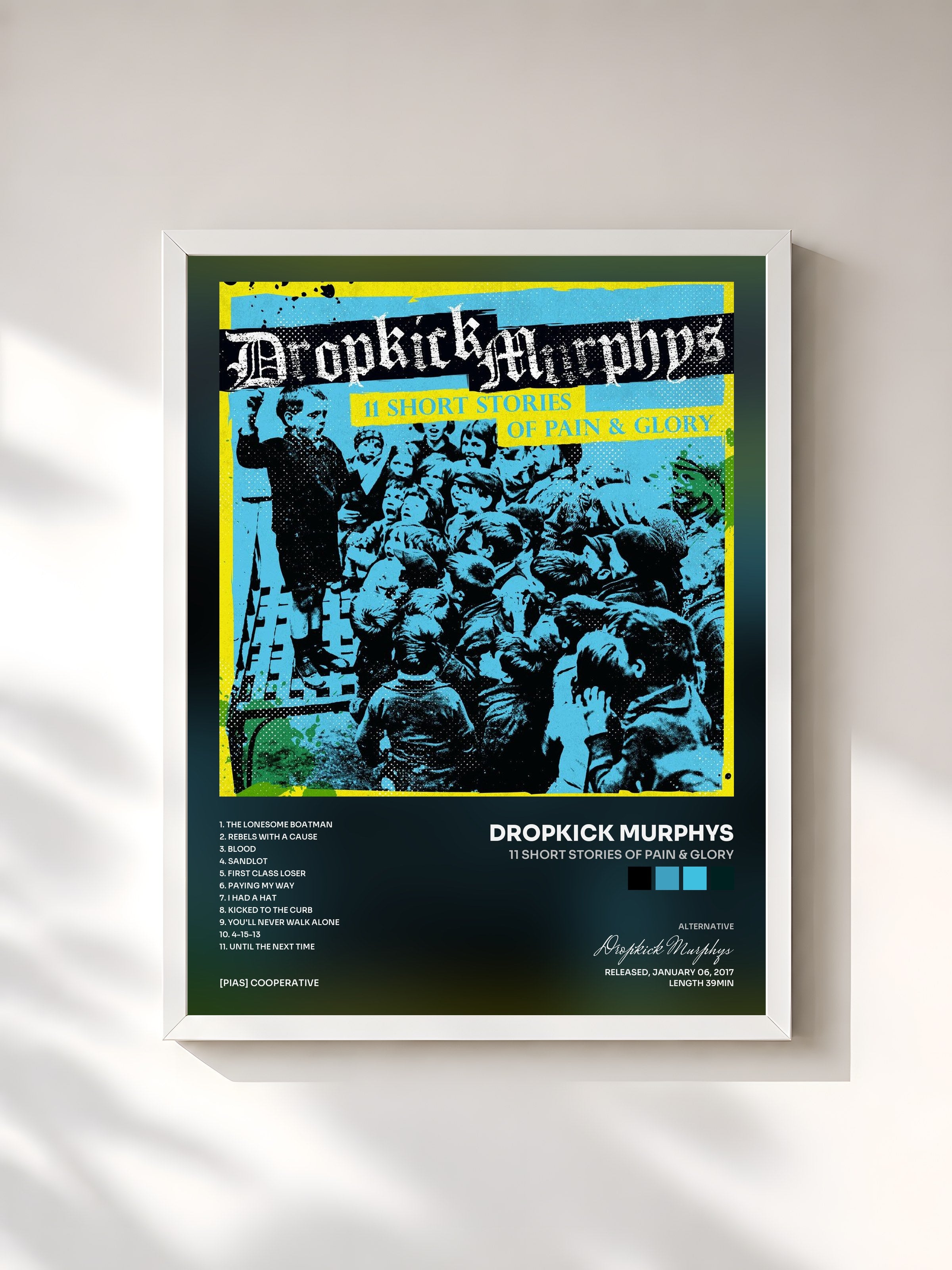 #blanc Tableau de l'album 11 Short Stories of Pain & Glory de Dropkick Murphys, cadre blanc, imprimé et encadré en France