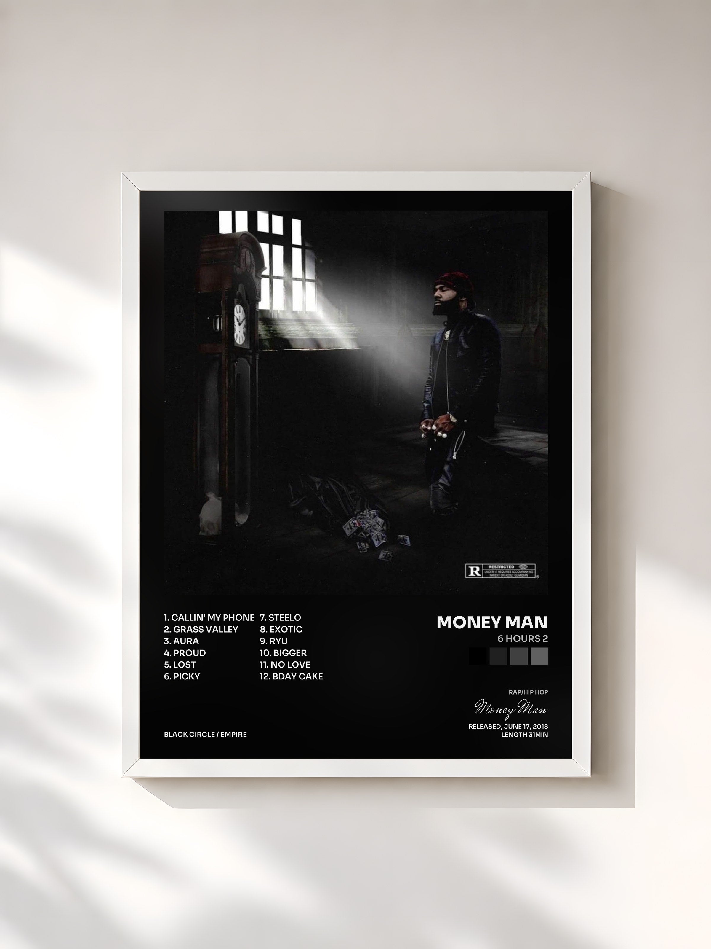 #blanc Tableau de l'album 6 Hours 2 de Money Man, cadre blanc, imprimé et encadré en France