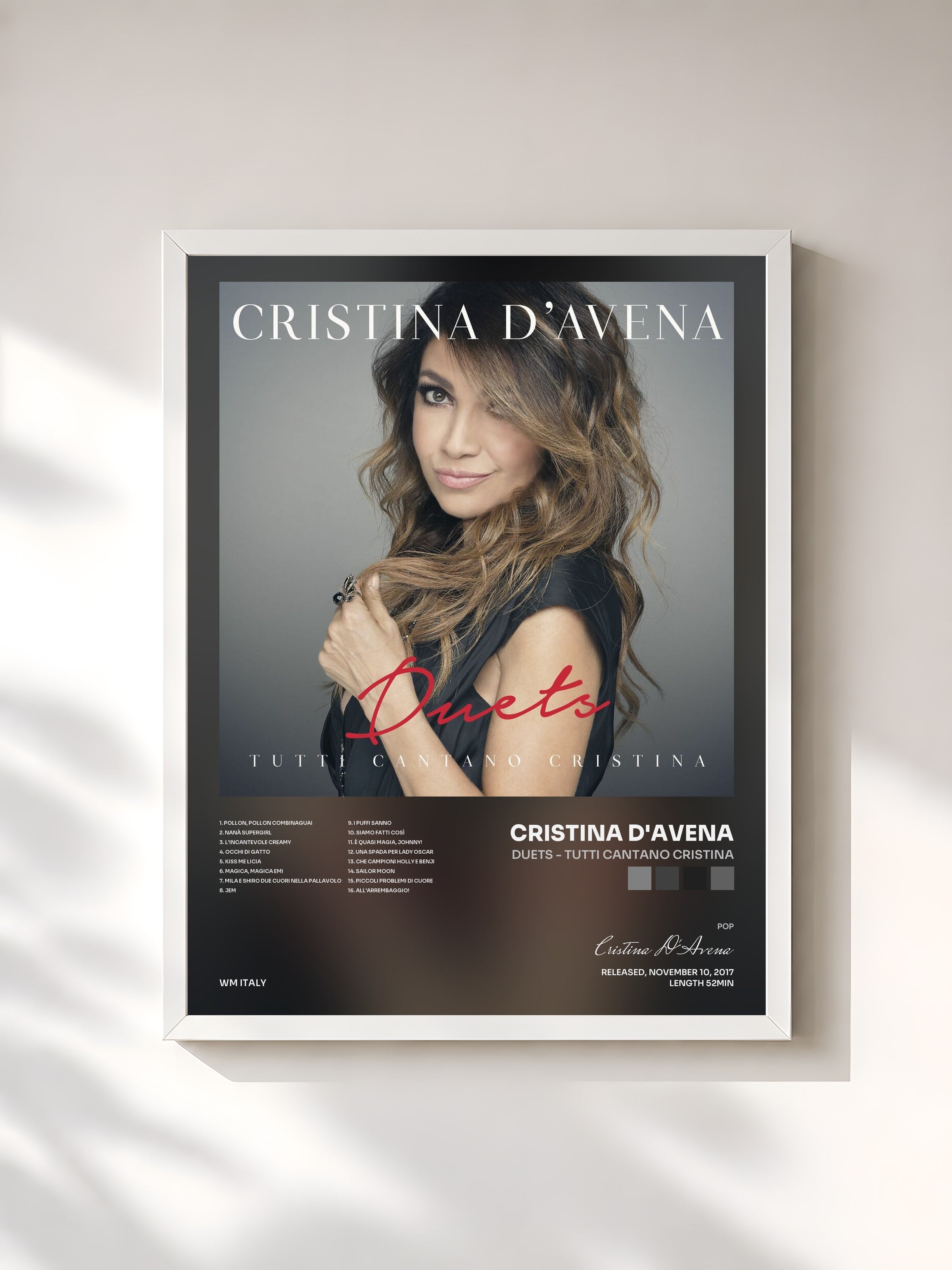 #blanc Tableau de l'album Duets - Tutti cantano Cristina de Cristina D'Avena, cadre blanc, imprimé et encadré en France