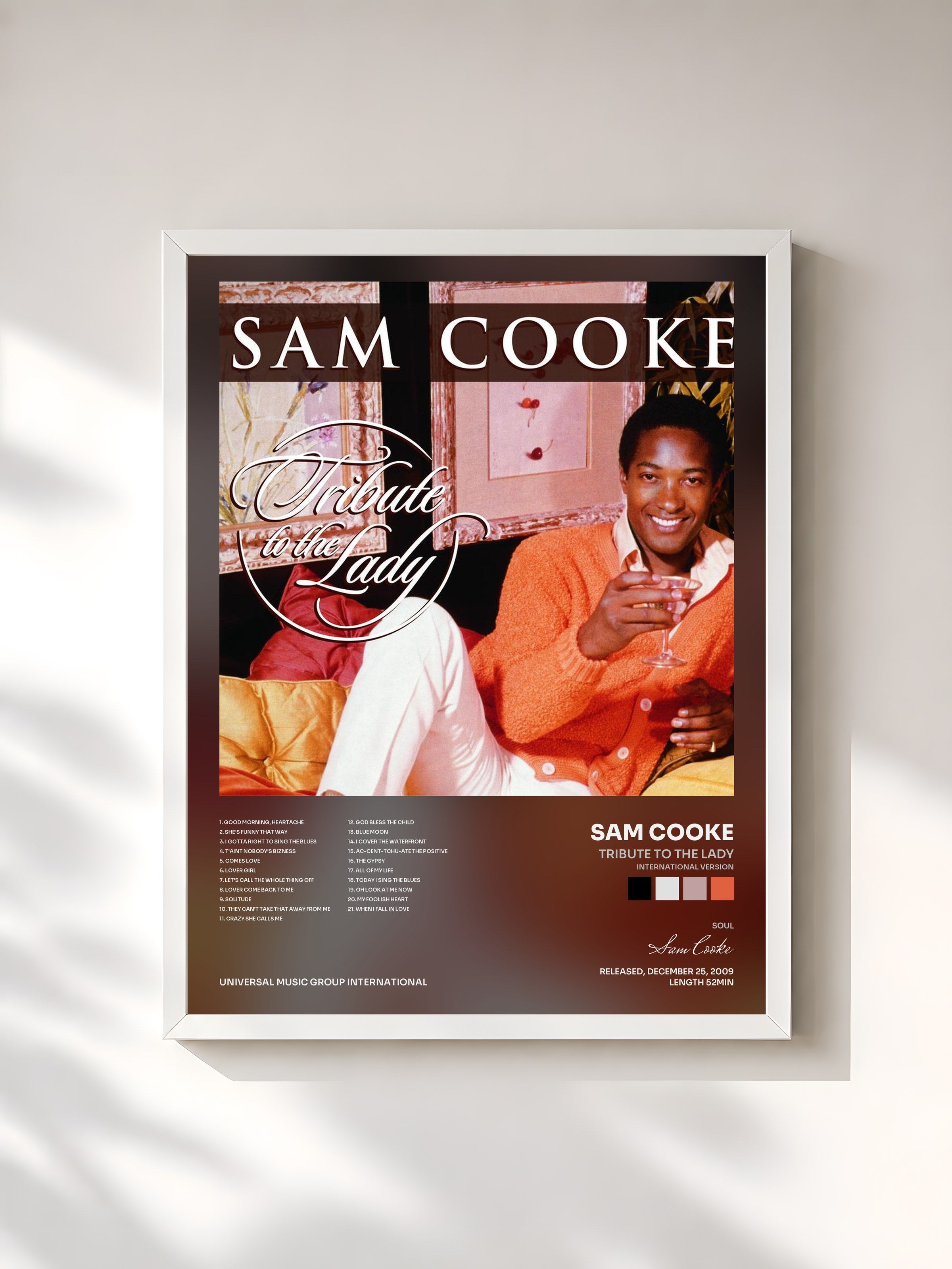 #blanc Tableau de l'album Tribute To The Lady (International Version) de Sam Cooke, cadre blanc, imprimé et encadré en France
