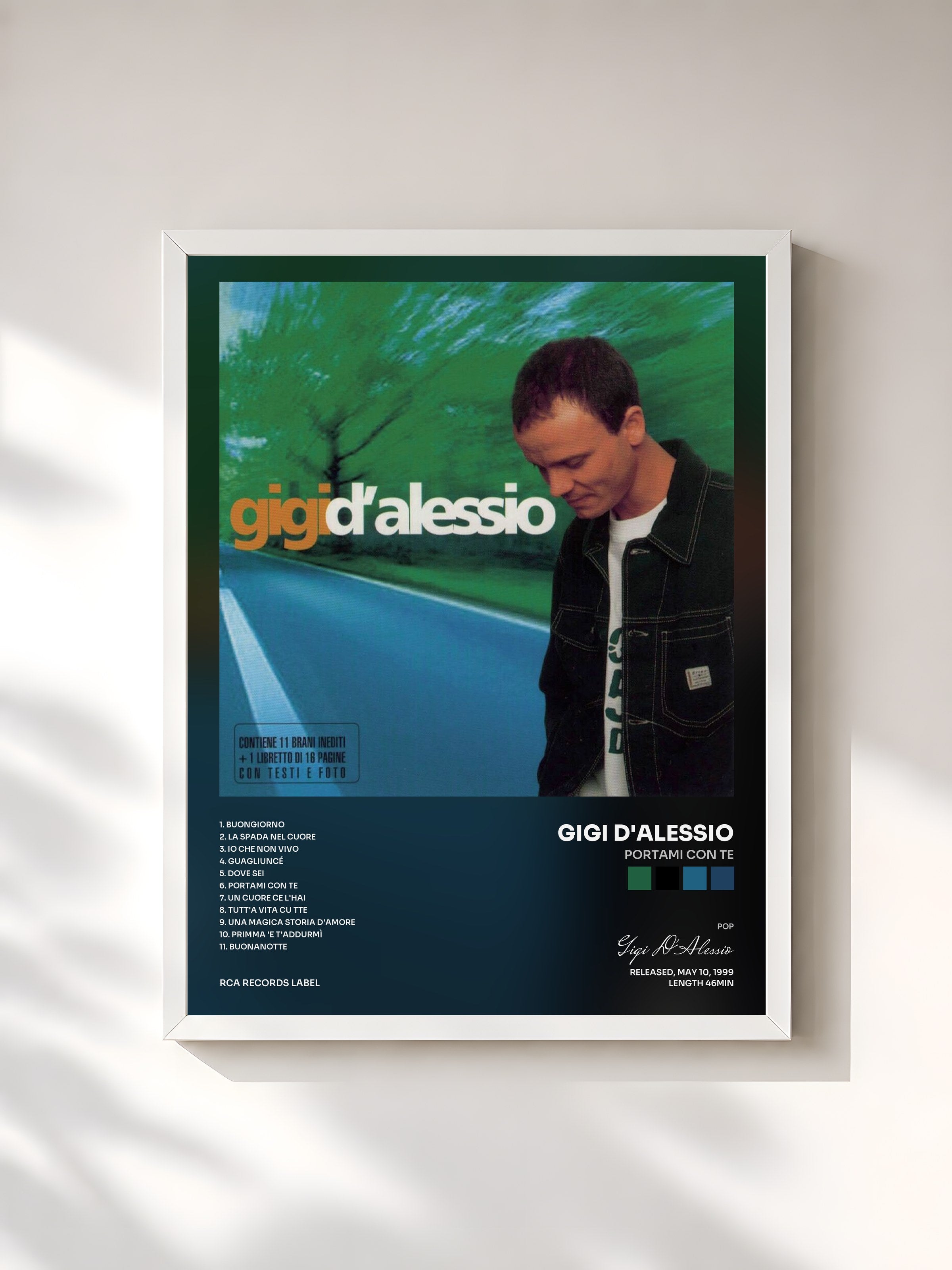 #blanc Tableau de l'album Portami Con Te de Gigi D'Alessio, cadre blanc, imprimé et encadré en France
