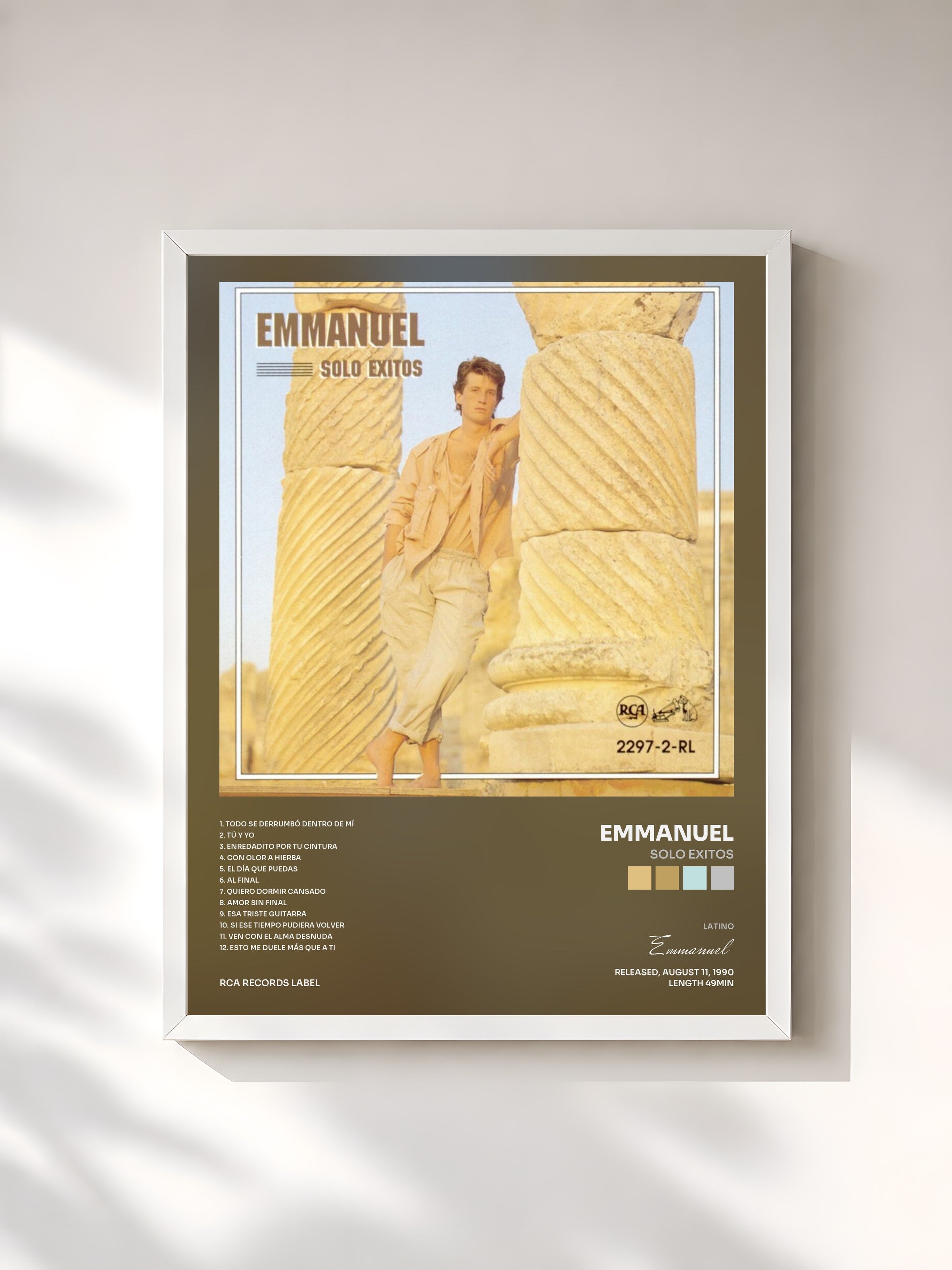 #blanc Tableau de l'album Solo Exitos de Emmanuel, cadre blanc, imprimé et encadré en France