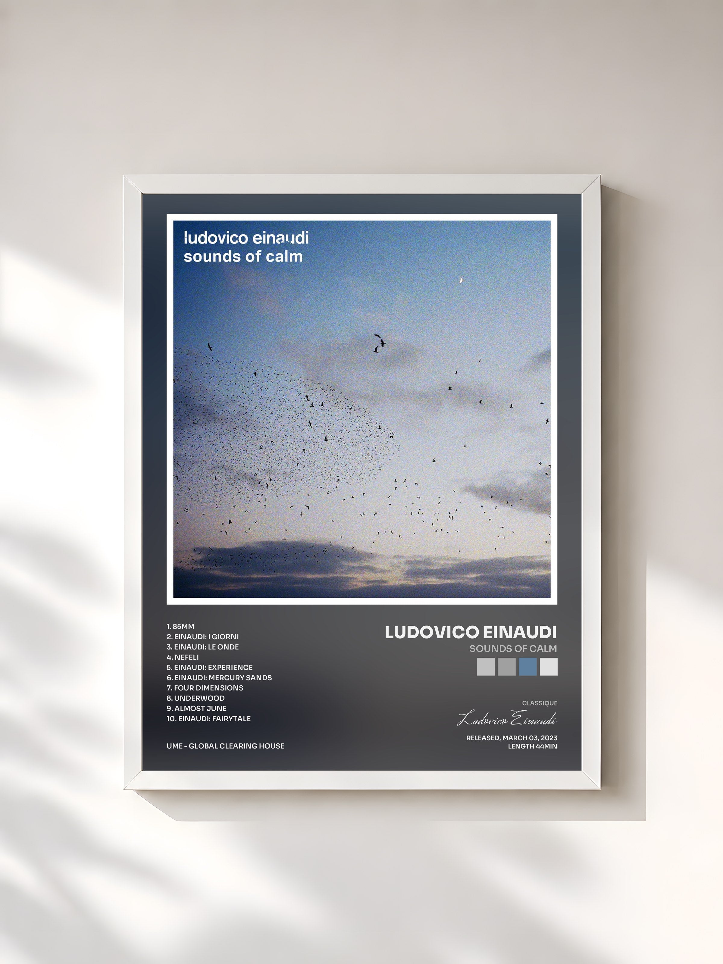 #blanc Tableau de l'album Sounds of Calm de Ludovico Einaudi, cadre blanc, imprimé et encadré en France