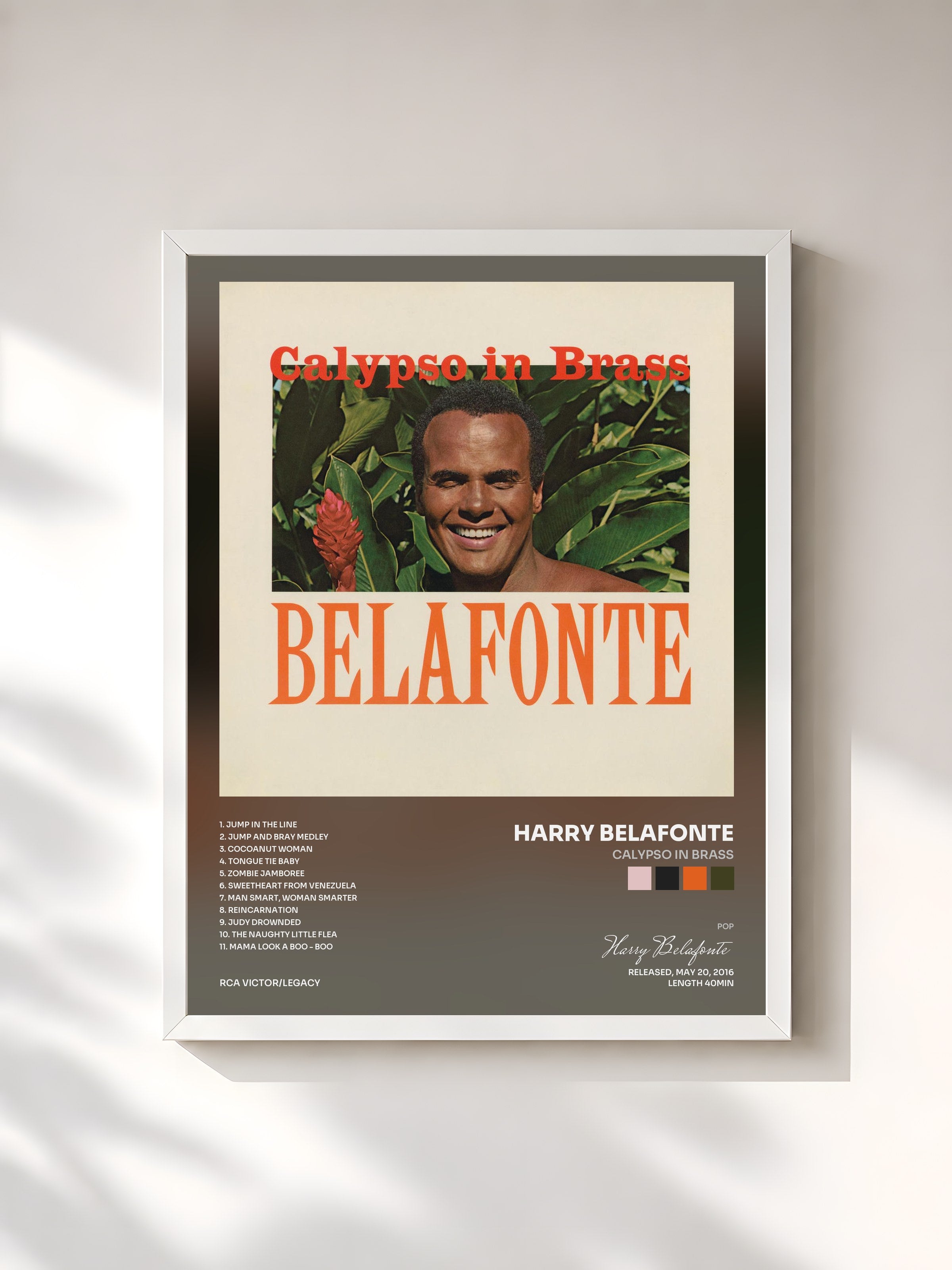 #blanc Tableau de l'album Calypso In Brass de Harry Belafonte, cadre blanc, imprimé et encadré en France