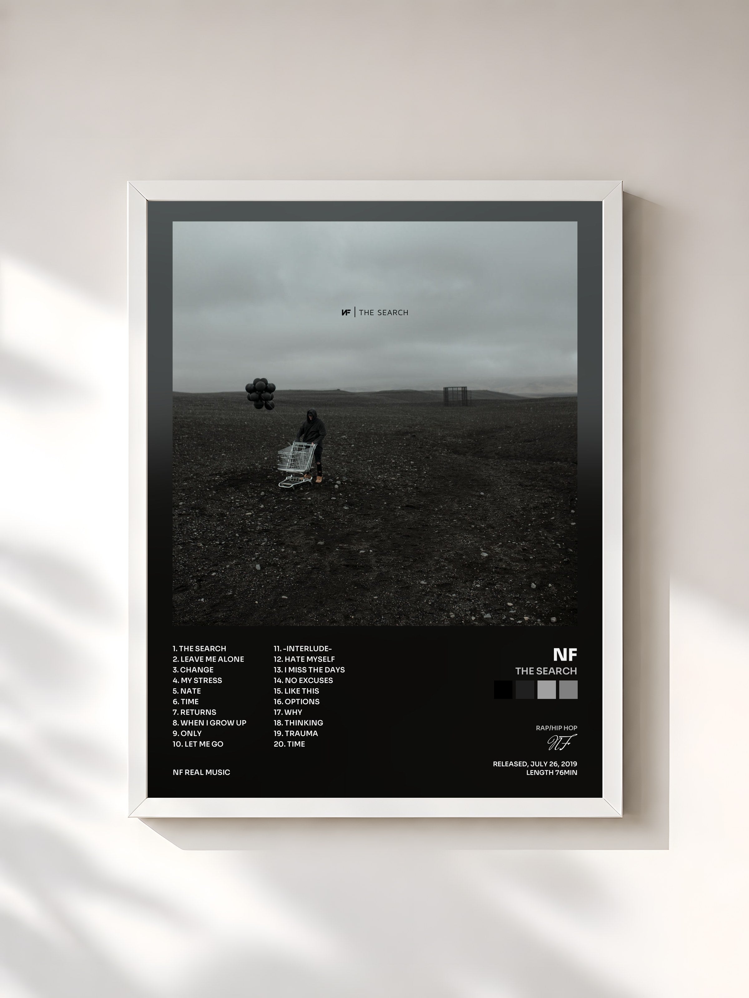 #blanc Tableau de l'album The Search de NF, cadre blanc, imprimé et encadré en France
