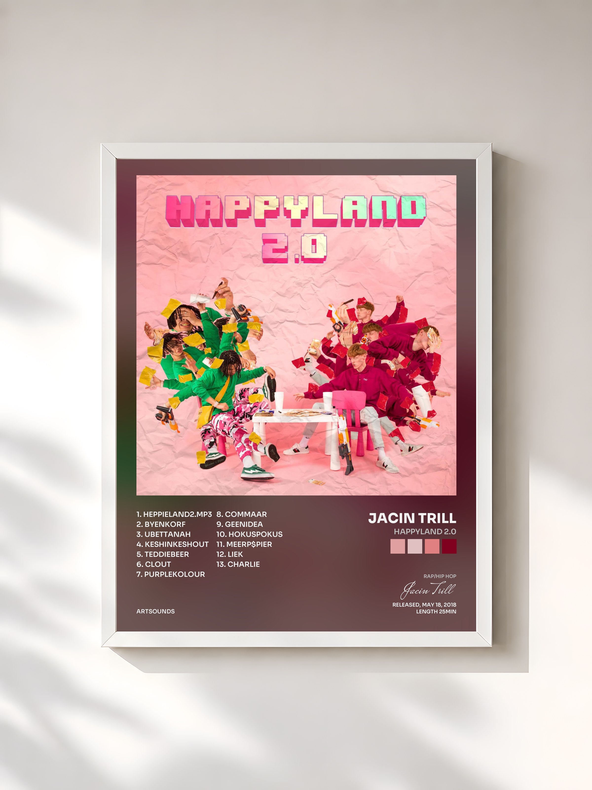 #blanc Tableau de l'album Happyland 2.0 de Jacin Trill, cadre blanc, imprimé et encadré en France