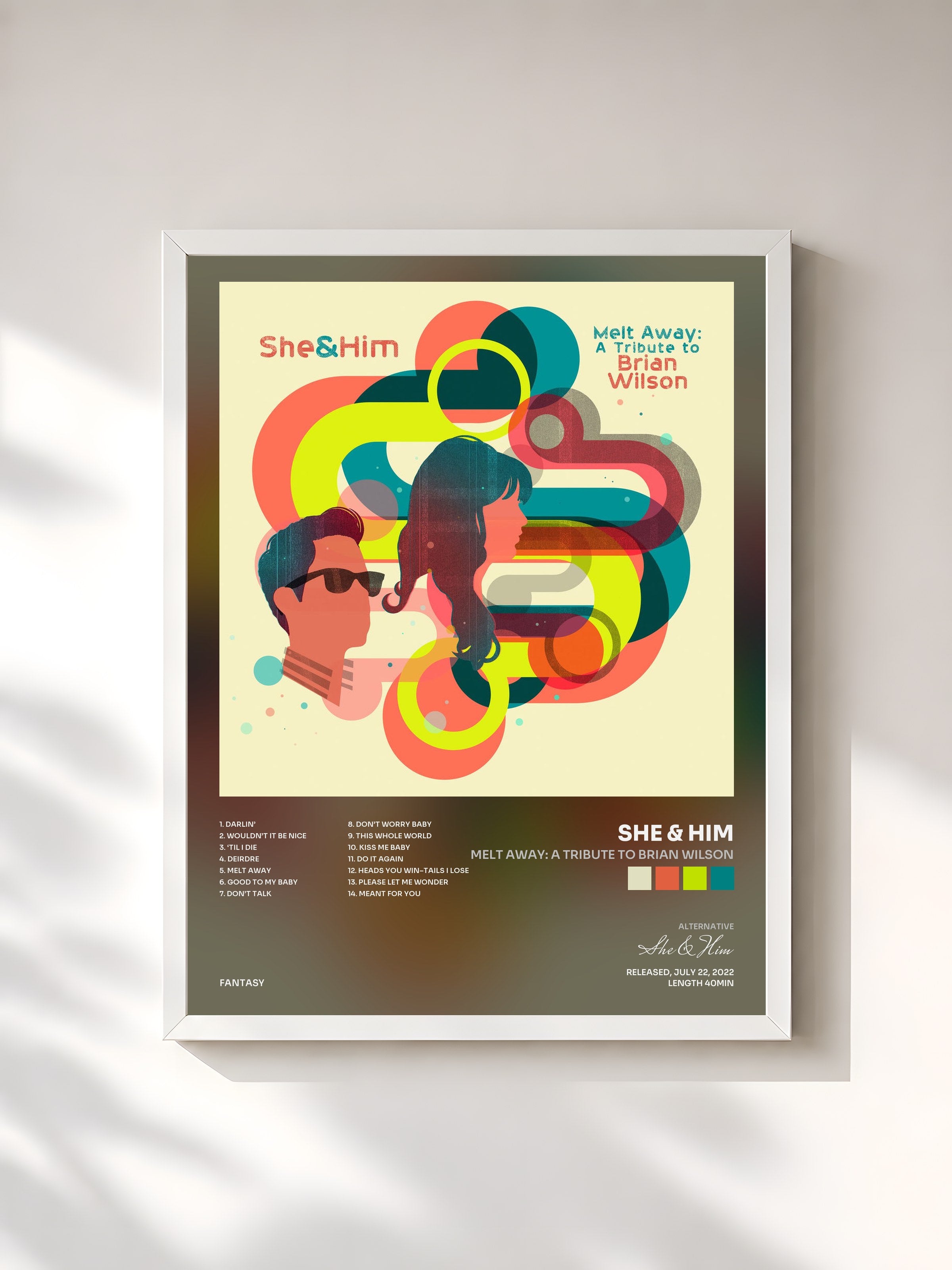 #blanc Tableau de l'album Melt Away: A Tribute To Brian Wilson de She & Him, cadre blanc, imprimé et encadré en France