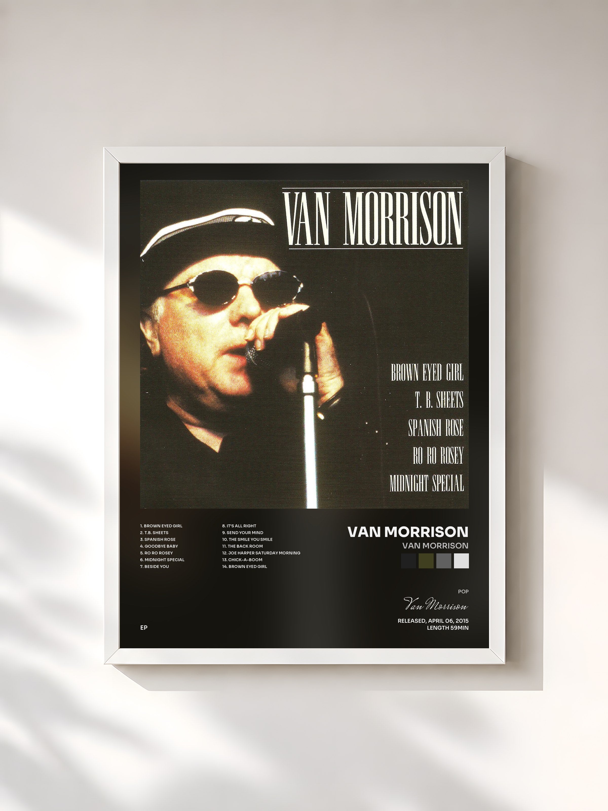 #blanc Tableau de l'album Van Morrison de Van Morrison, cadre blanc, imprimé et encadré en France