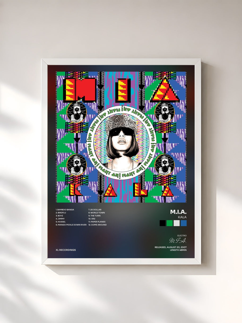 #blanc Tableau de l'album Kala de M.I.A., cadre blanc, imprimé et encadré en France