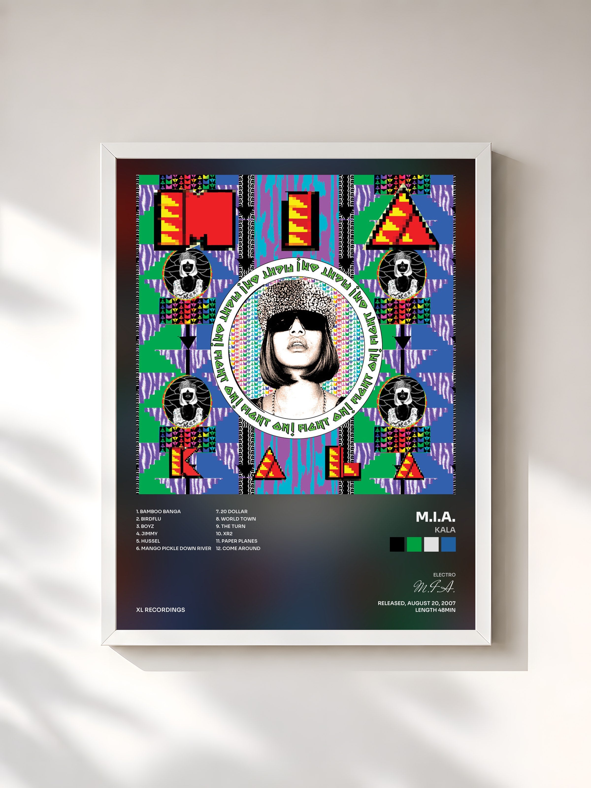 #blanc Tableau de l'album Kala de M.I.A., cadre blanc, imprimé et encadré en France
