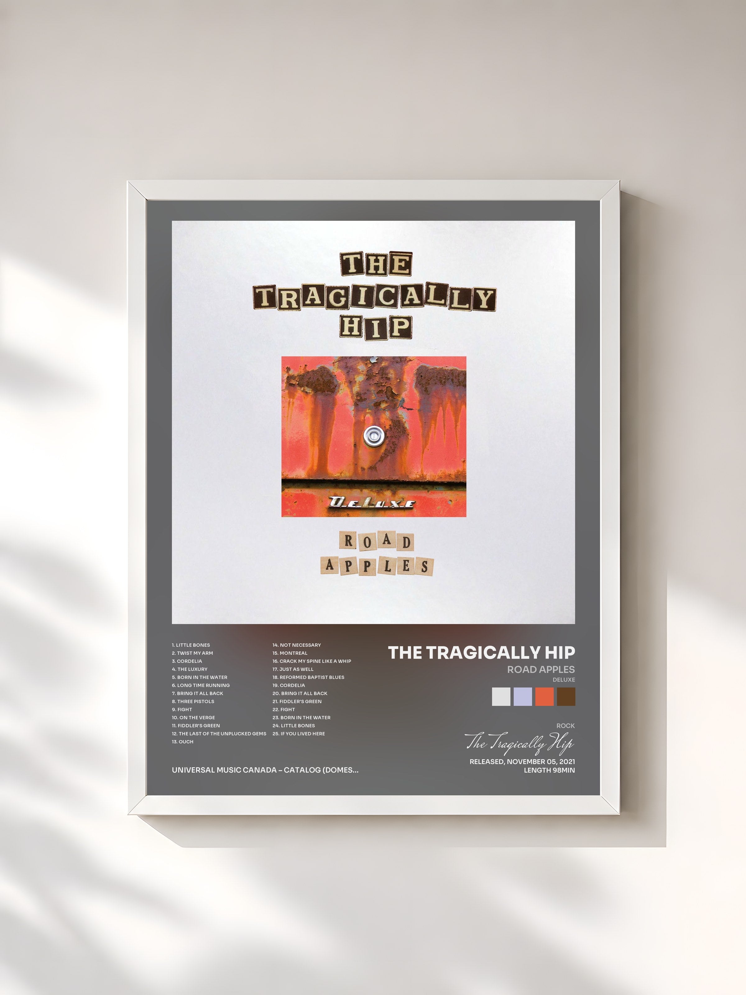 #blanc Tableau de l'album Road Apples (Deluxe) de The Tragically Hip, cadre blanc, imprimé et encadré en France