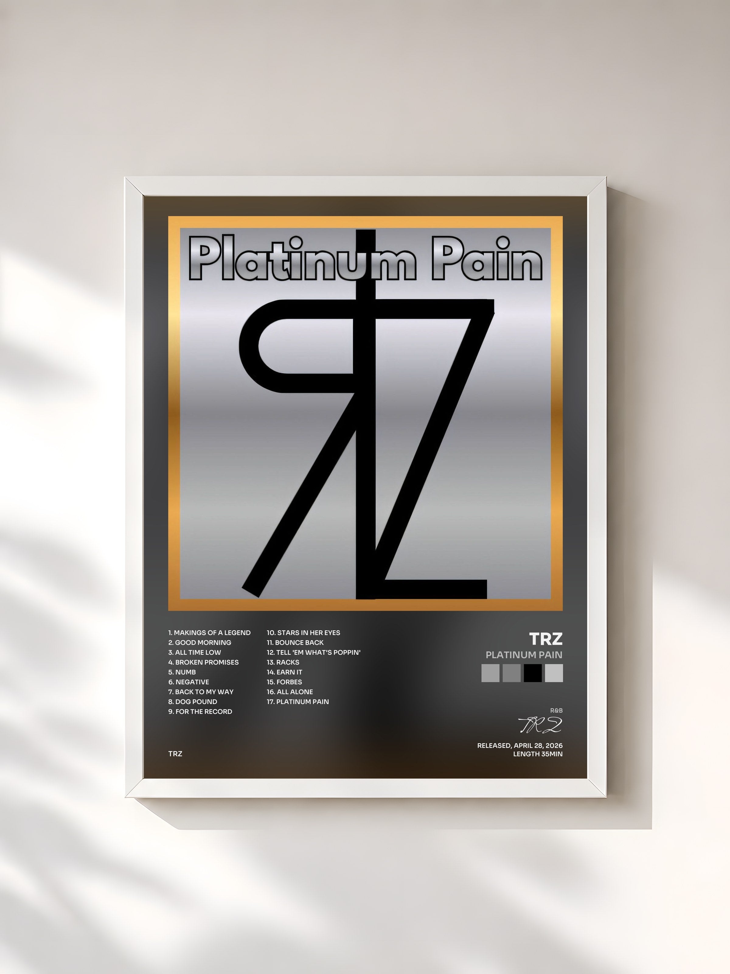 #blanc Tableau de l'album Platinum Pain de TRZ, cadre blanc, imprimé et encadré en France