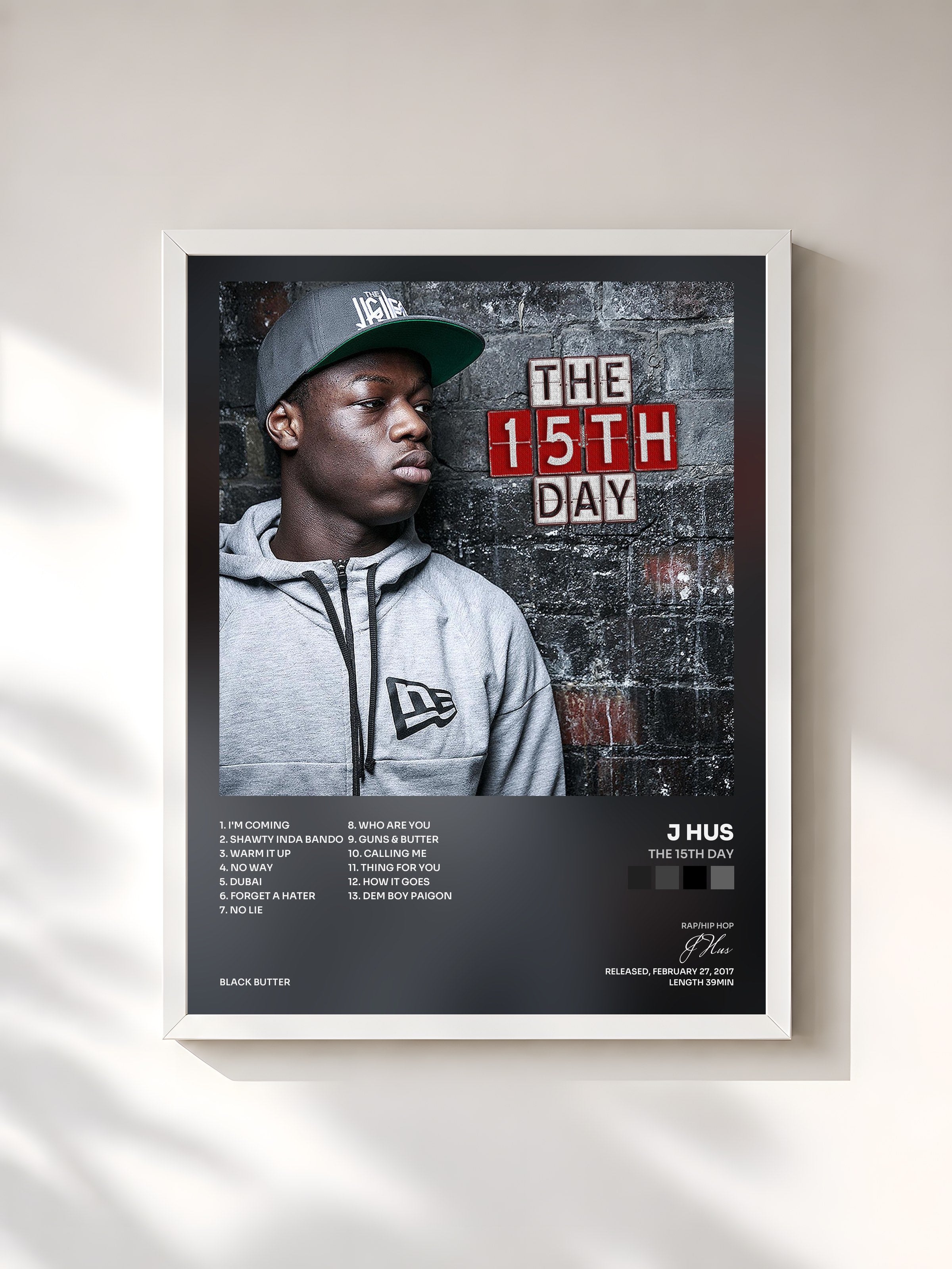 #blanc Tableau de l'album The 15th Day de J Hus, cadre blanc, imprimé et encadré en France