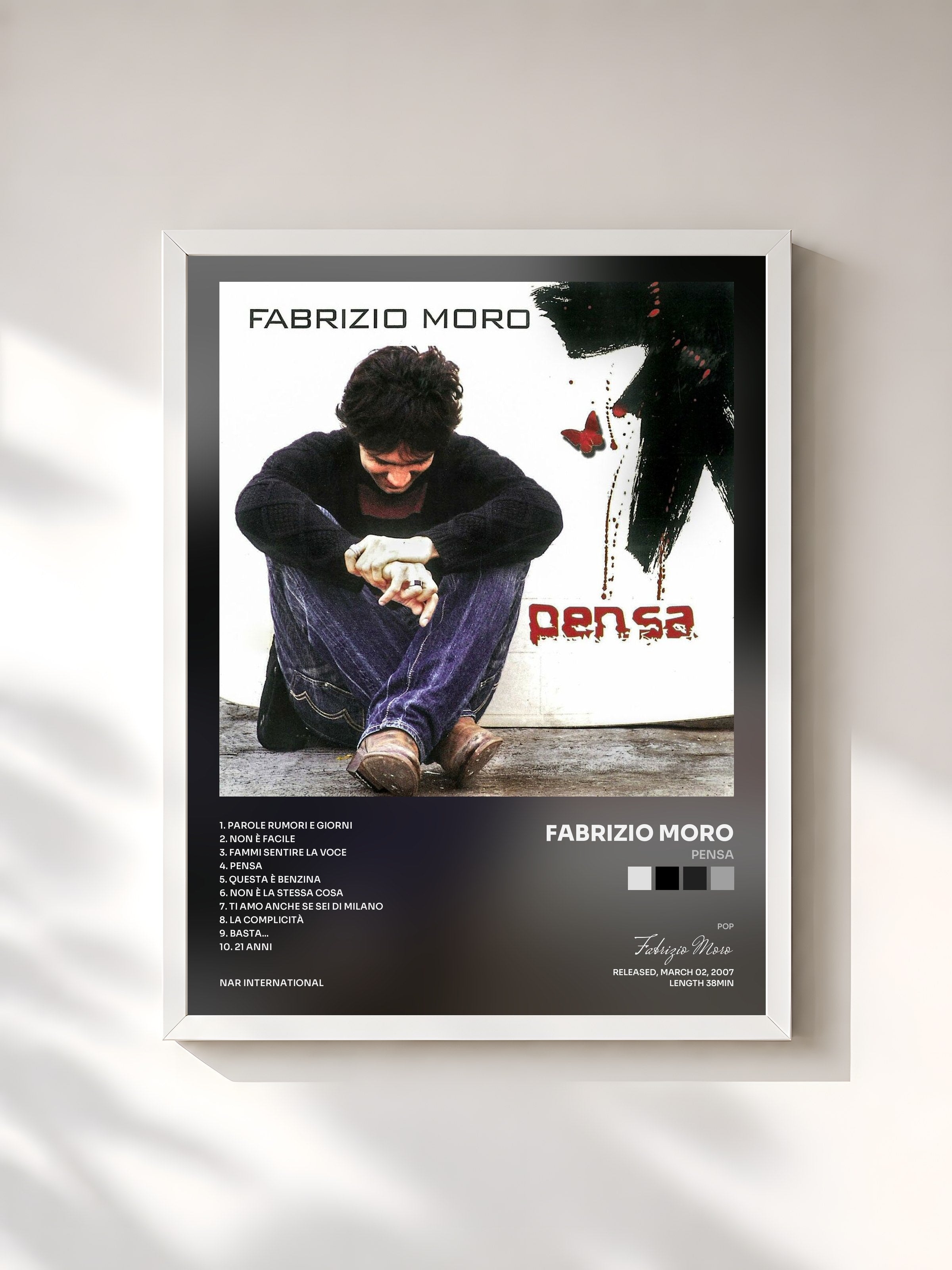 #blanc Tableau de l'album Pensa de Fabrizio Moro, cadre blanc, imprimé et encadré en France